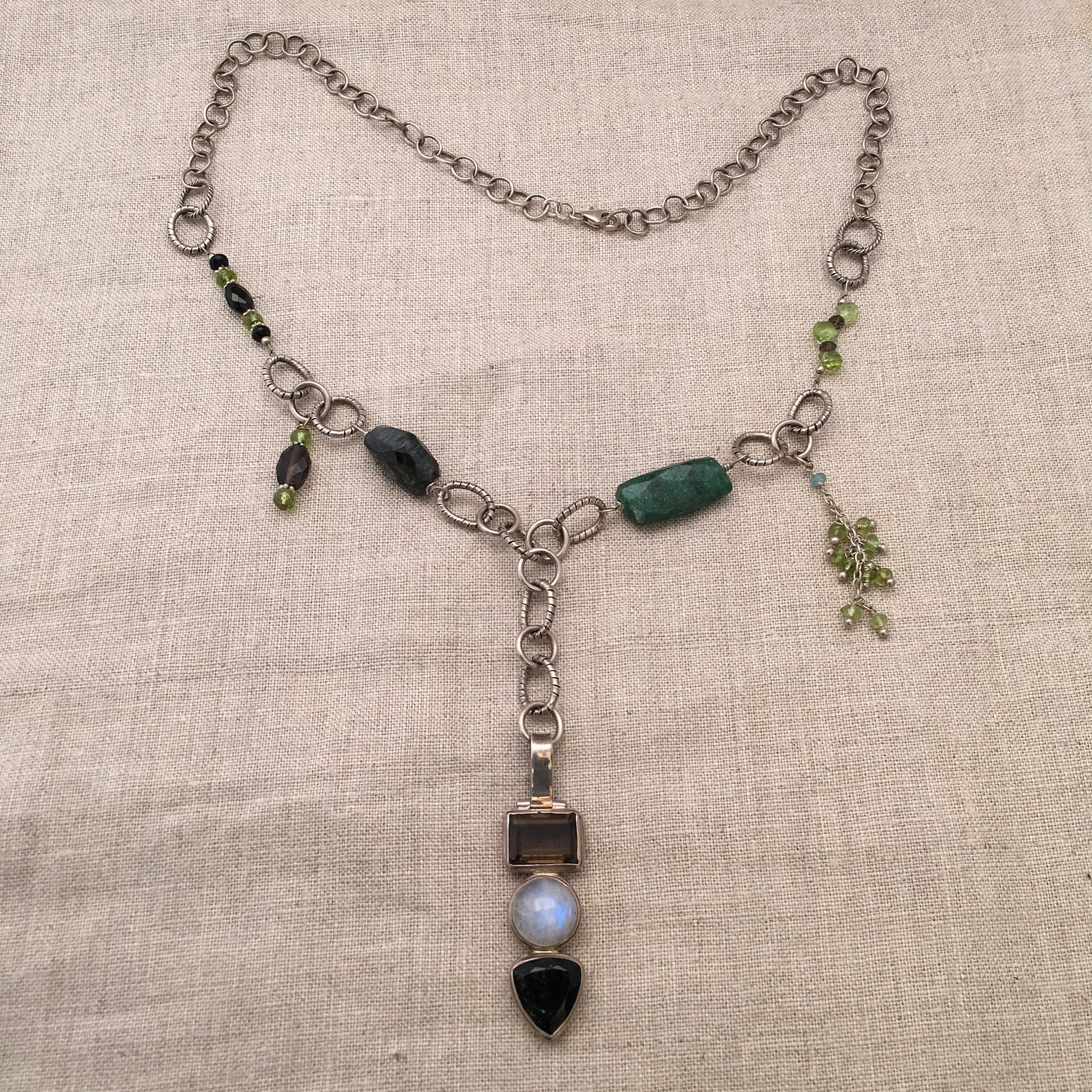 Necklace "Moonlit Forest" smokey quartz moonstone & tourmaline pendant, sterling chain, emerald, green tourmaline, peridot, Bohemian style