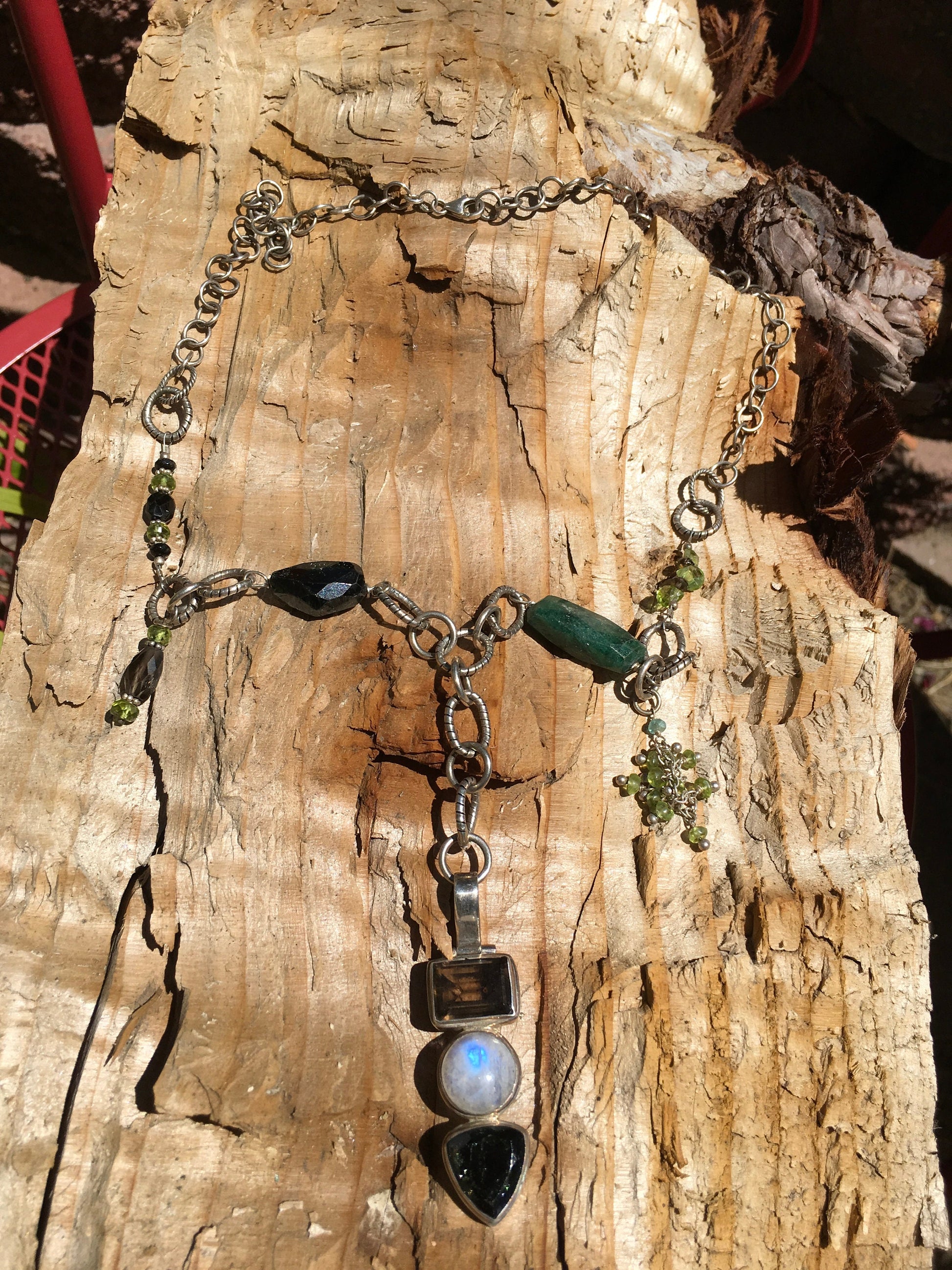 Necklace "Moonlit Forest" smokey quartz moonstone & tourmaline pendant, sterling chain, emerald, green tourmaline, peridot, Bohemian style