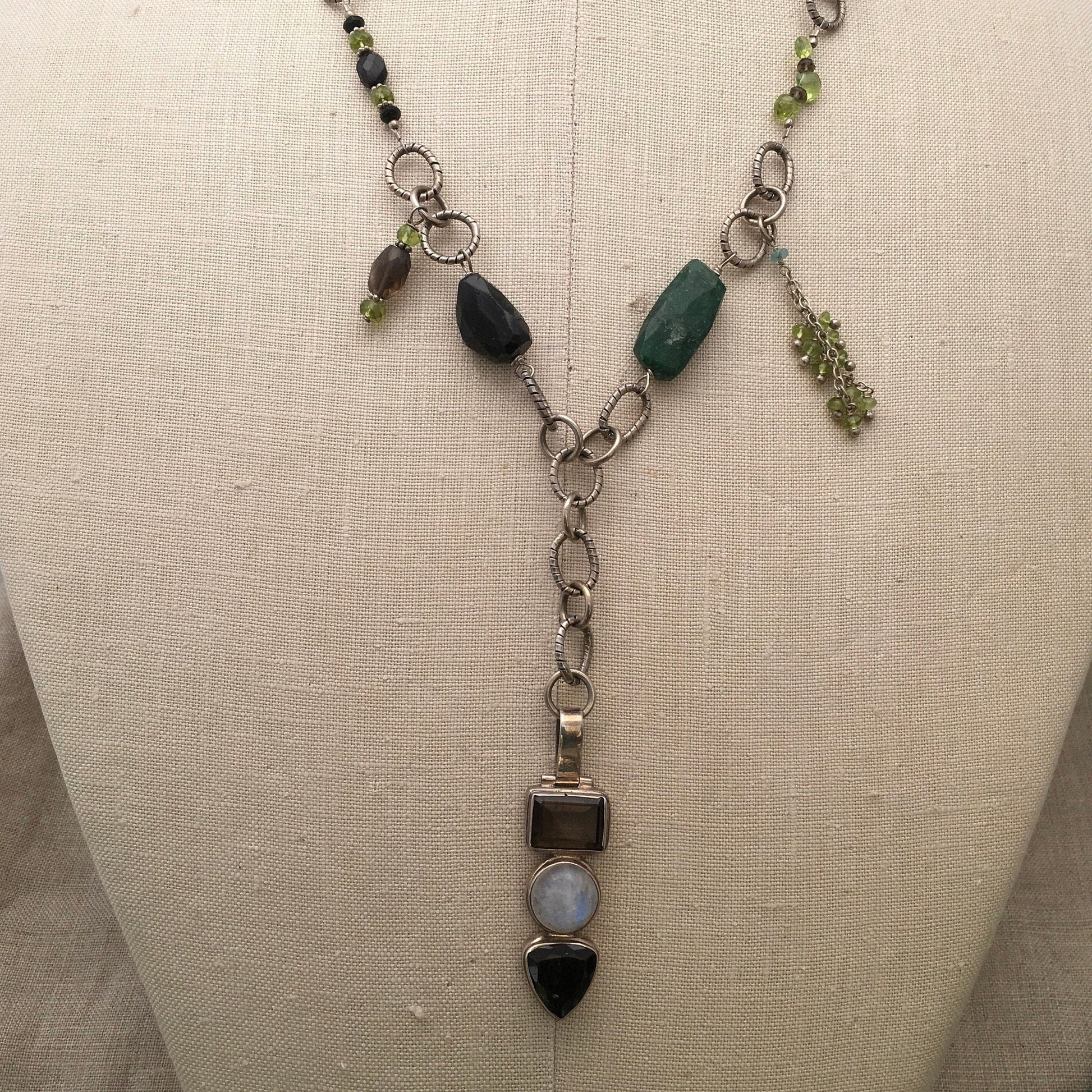 Necklace "Moonlit Forest" smokey quartz moonstone & tourmaline pendant, sterling chain, emerald, green tourmaline, peridot, Bohemian style