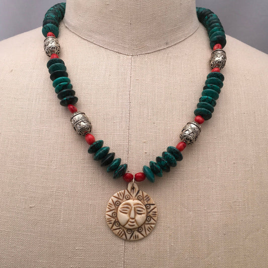 necklace “Sun Mask” Carved Bone Sun pendant, Turquoise, Red fire coral, Pewter beads, Hamsa toggle, reiki charged, Gender Neutral jewelry