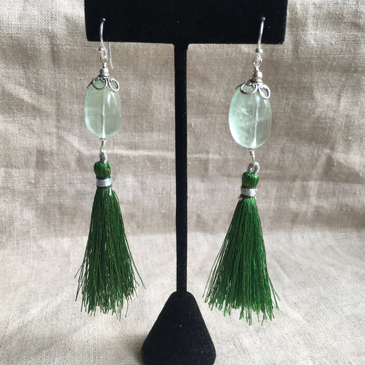 earrings "Fluorite Fringe" Large Green Fluorite, Tassel earrings, Statement earrings, Bohemian earrings, Reiki charged, Gift idea