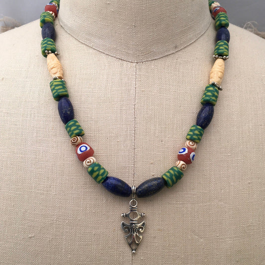 necklace "Shielded" Sterling Pendant, Vintage Lapis, Krobo beads, Carved Bone Beads, Sterling beads, Gift idea, Gender Neutral jewelry