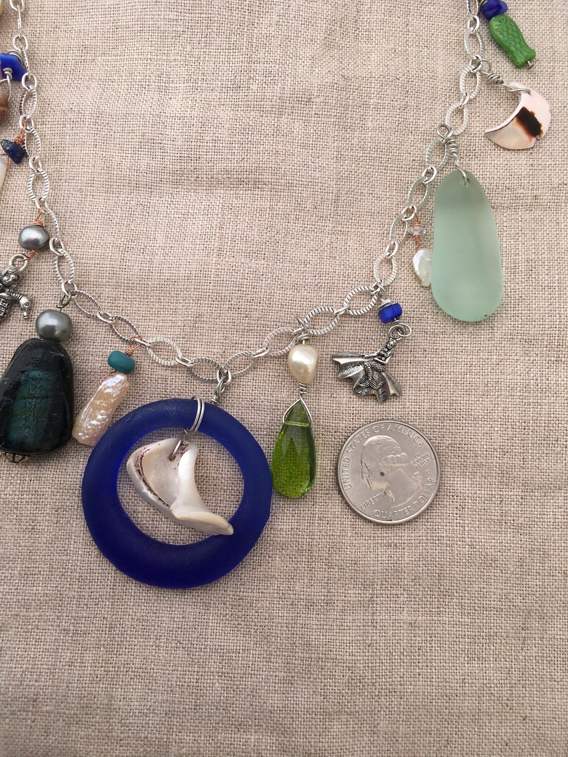 necklace "Mermaid Treasures" Charm necklace, Beach glass, recycled glass, Pearls, Shells, Mermaid charms, Mermaid jewelry, Beach, Gift idea