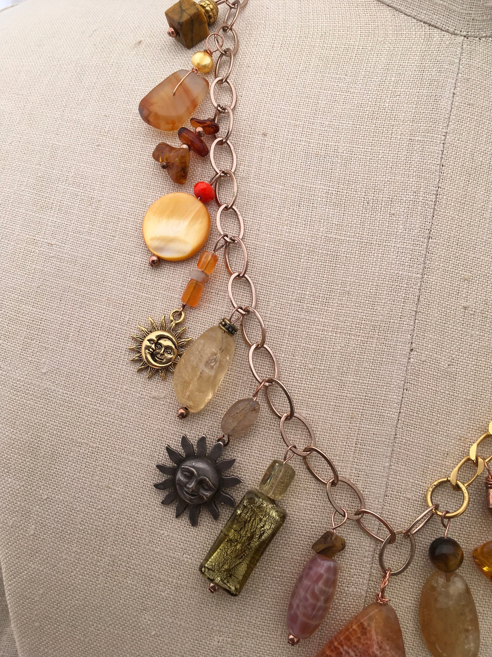 necklace "Du Soleil" Fire agate & Brass Sun pendant, Citrine, Carnelian, Handmade Charms, Sun Charms, Charm necklace, Reiki charged