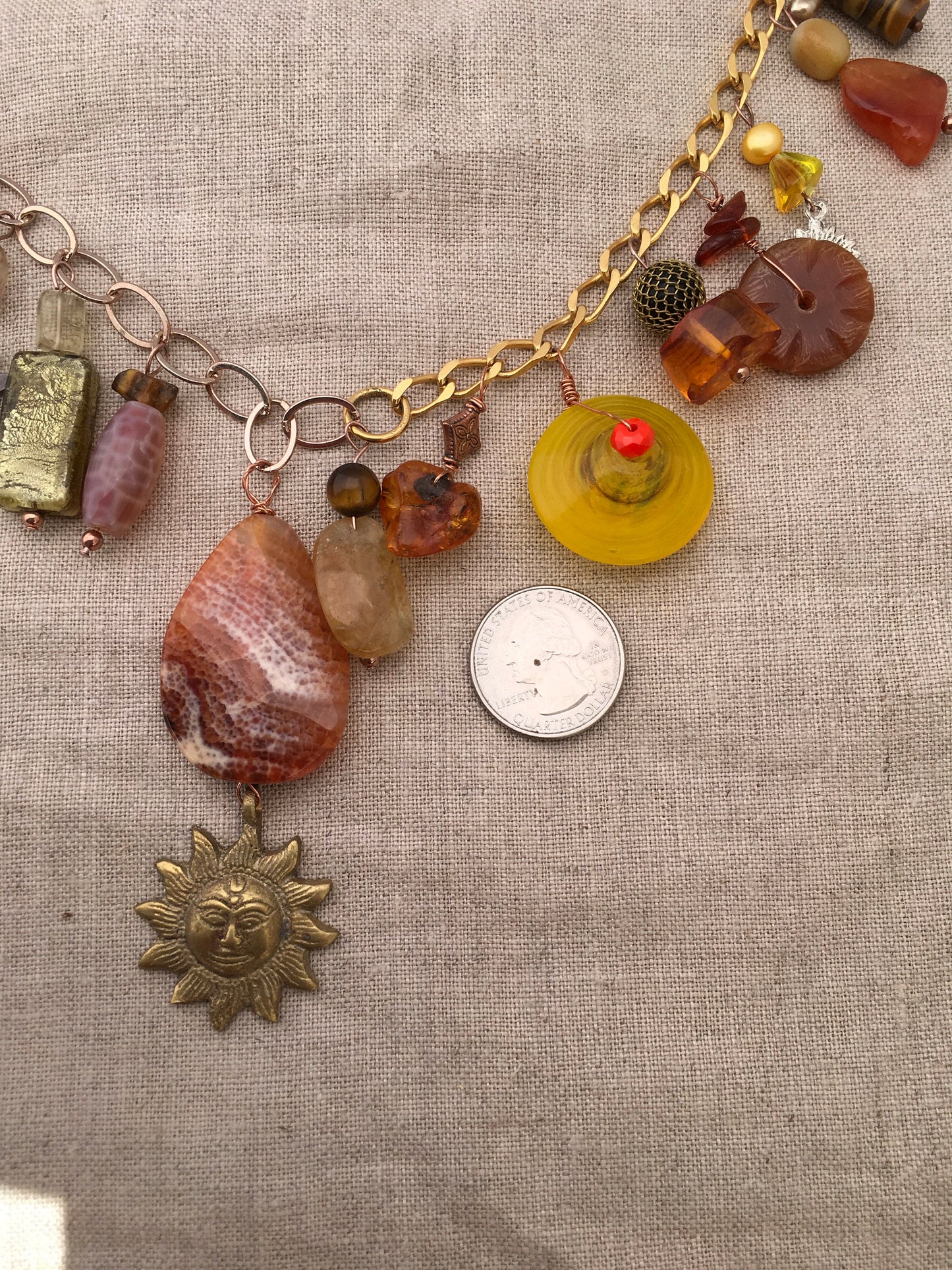 necklace "Du Soleil" Fire agate & Brass Sun pendant, Citrine, Carnelian, Handmade Charms, Sun Charms, Charm necklace, Reiki charged