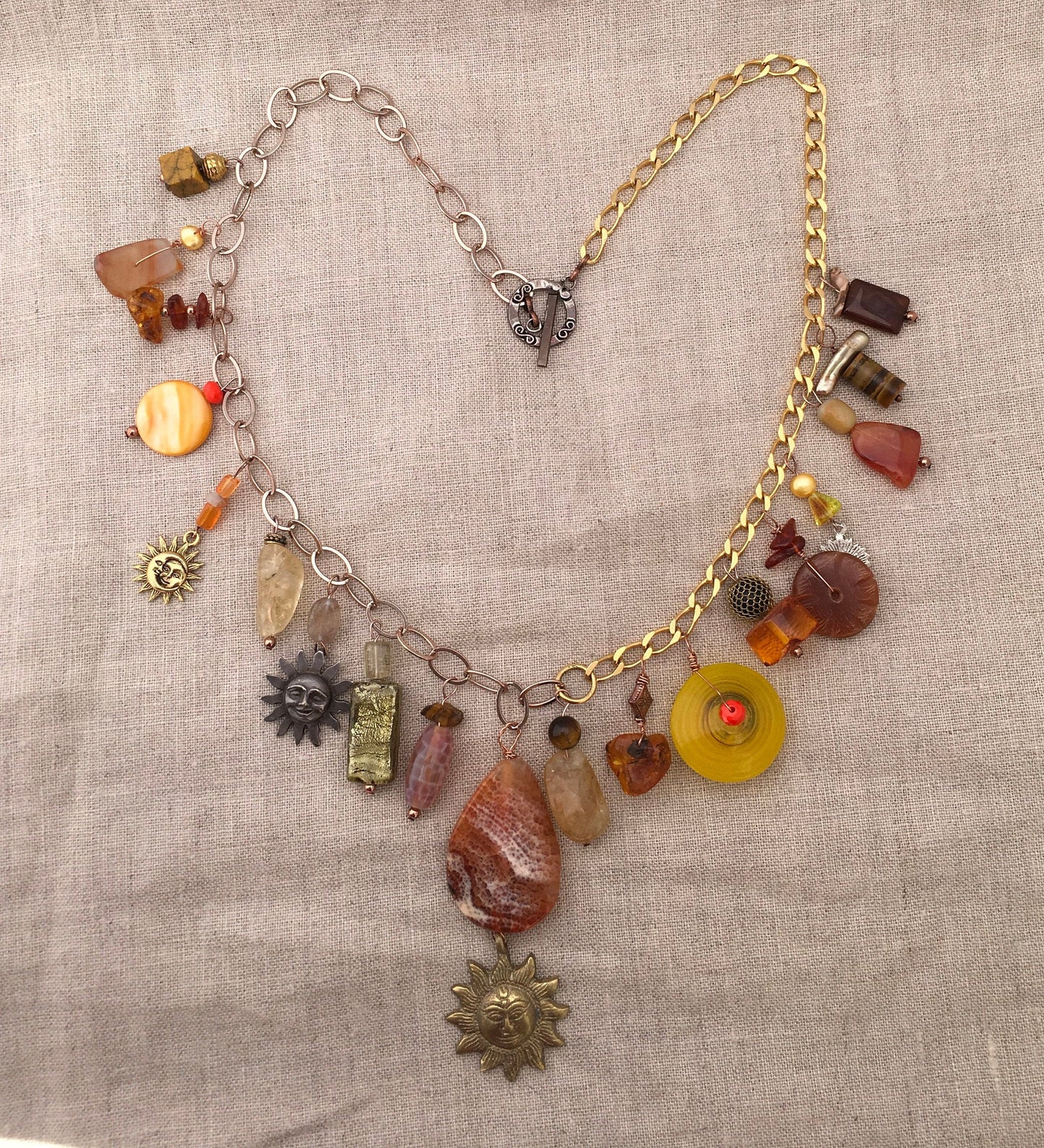 necklace "Du Soleil" Fire agate & Brass Sun pendant, Citrine, Carnelian, Handmade Charms, Sun Charms, Charm necklace, Reiki charged