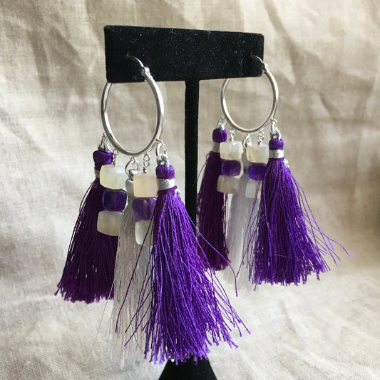 earrings "Tassels Royal" Sterling hoops, Tassels, Moonstone, Amethyst, Statement earrings, Festival jewelry, Hoop Earrings, Reiki charged