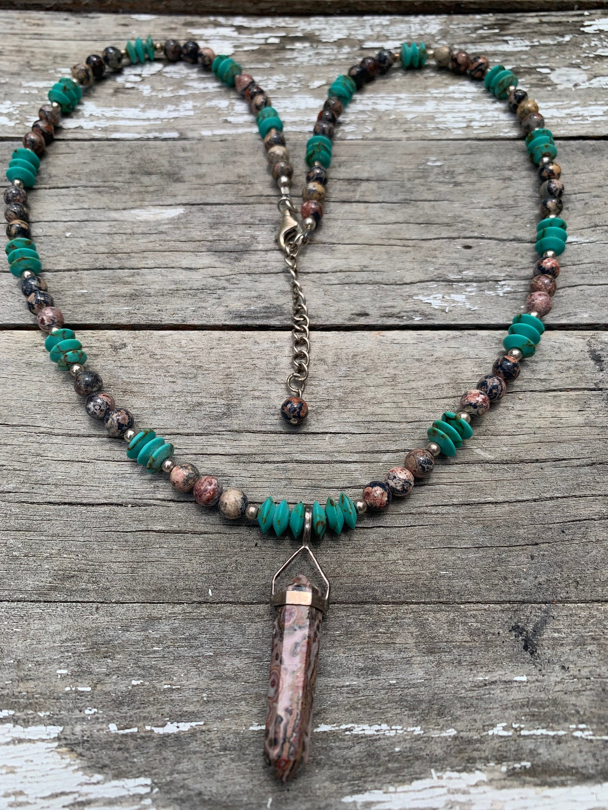 necklace "Leopard in the Sky" Leopardskin Jasper pendant & beads, Afghan Turquoise, Gender Neutral necklace, Reiki charged, Protection stone