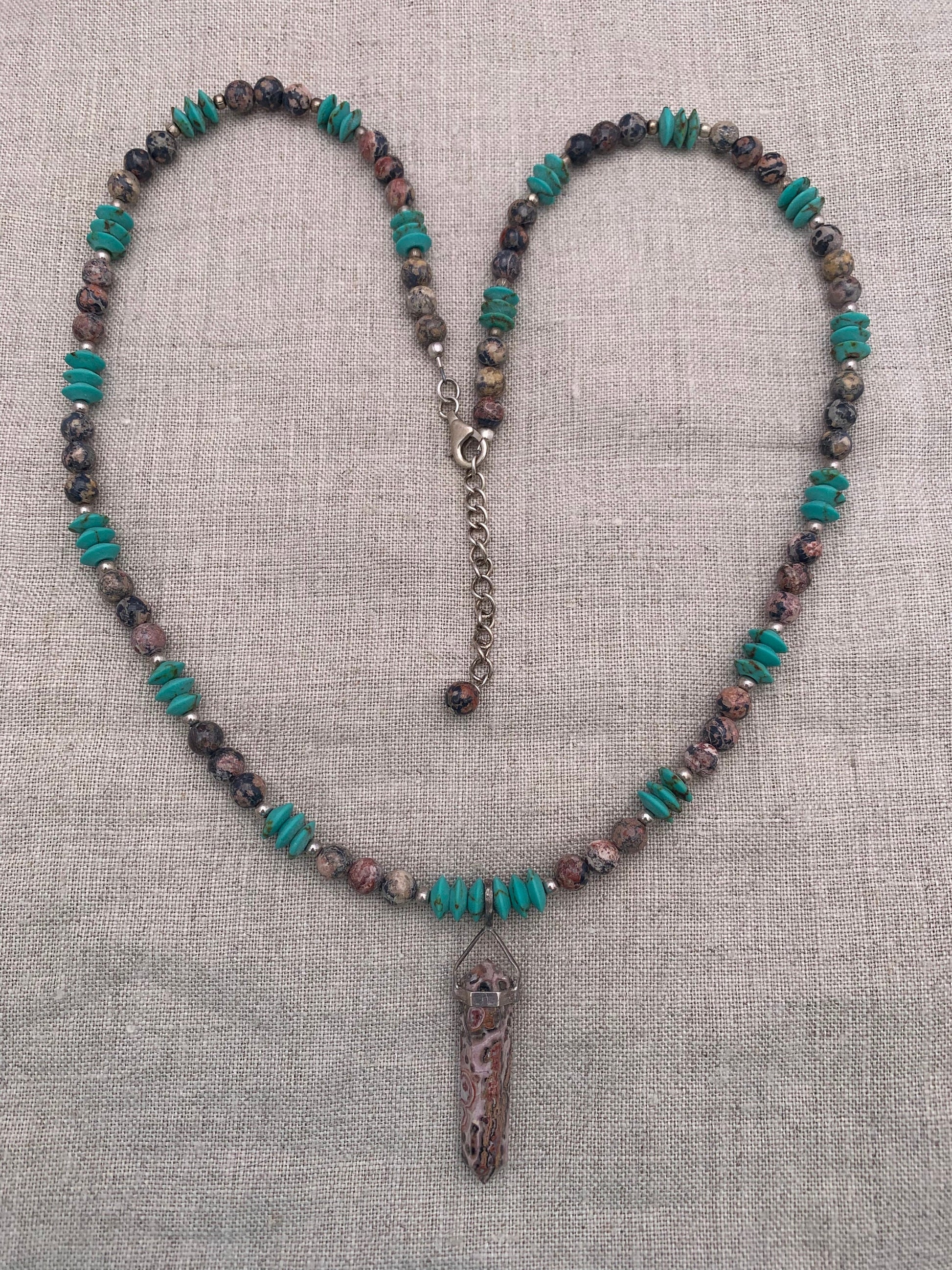 necklace "Leopard in the Sky" Leopardskin Jasper pendant & beads, Afghan Turquoise, Gender Neutral necklace, Reiki charged, Protection stone