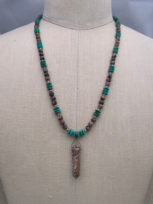 necklace "Leopard in the Sky" Leopardskin Jasper pendant & beads, Afghan Turquoise, Gender Neutral necklace, Reiki charged, Protection stone