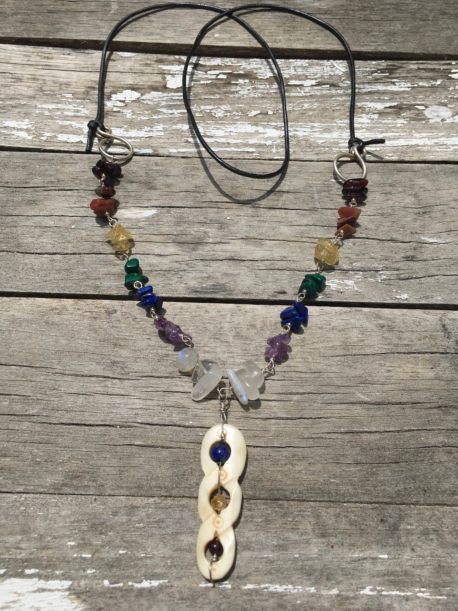 necklace "Helix" Carved Bone pendant, Rainbow stones, LGBTQ+ Jewelry, Pride jewelry, Chakra necklace, Reiki charged, Handmade chain, Rainbow