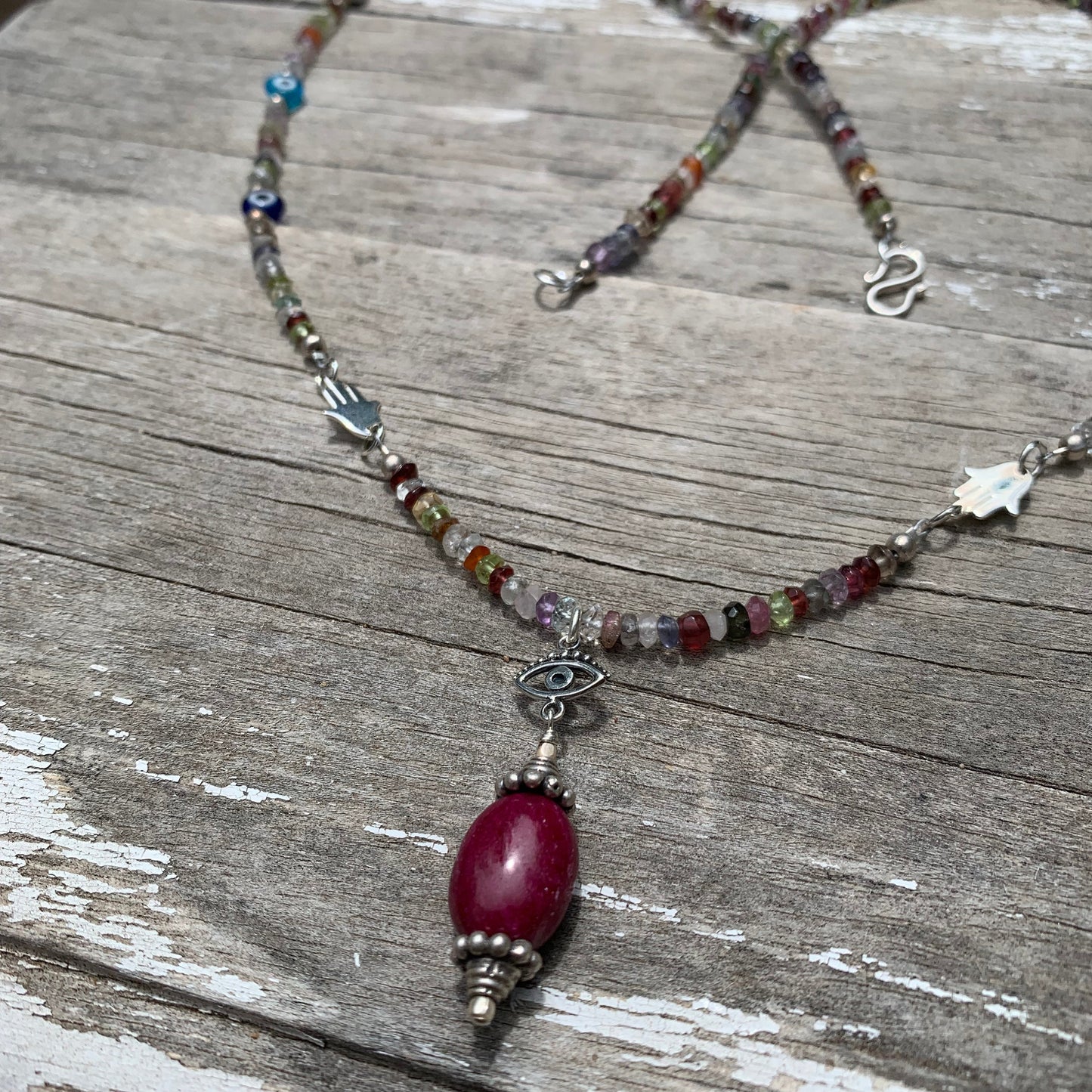 necklace "Bohemian Beauty" Ruby & Evil Eye pendant, Semi-Precious Stones, Hamsas, Evil Eye Beads, Boho Style, Good Luck Charm, Reiki charged