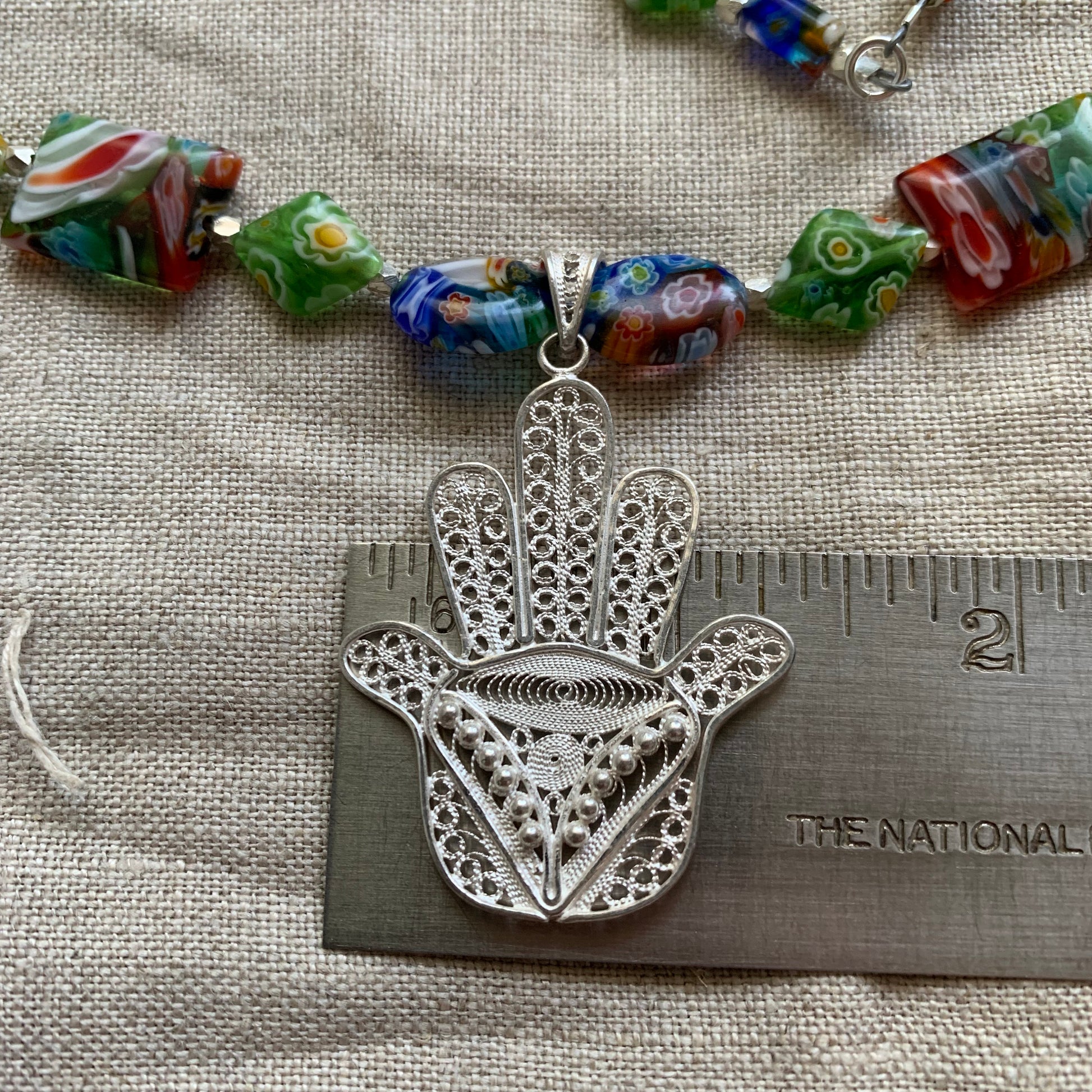 necklace "Heavenly Garland" Sterling Filigree Hamsa, Millefiori beads, Hill Tribe Silver beads, Good Luck Charm, Hand of God, Reiki charged