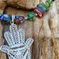 necklace "Heavenly Garland" Sterling Filigree Hamsa, Millefiori beads, Hill Tribe Silver beads, Good Luck Charm, Hand of God, Reiki charged