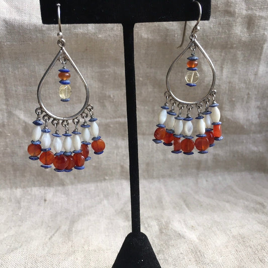 earrings "Radiant Chandeliers" Chandelier earrings, Sterling charms, Afghan Lapis, Carnelian, Mother of Pearl, Reiki charged, Gift for Her