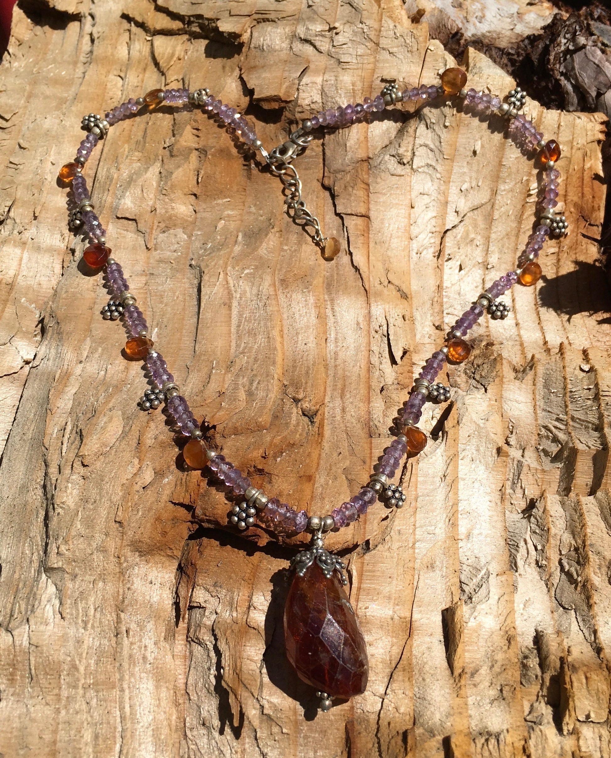 necklace "MidSummer Sunset" Hessonite pendant, Amethyst, Brown Garnet, Mid-Summer, Litha, Eclipse jewelry, Reiki charged, Gift idea