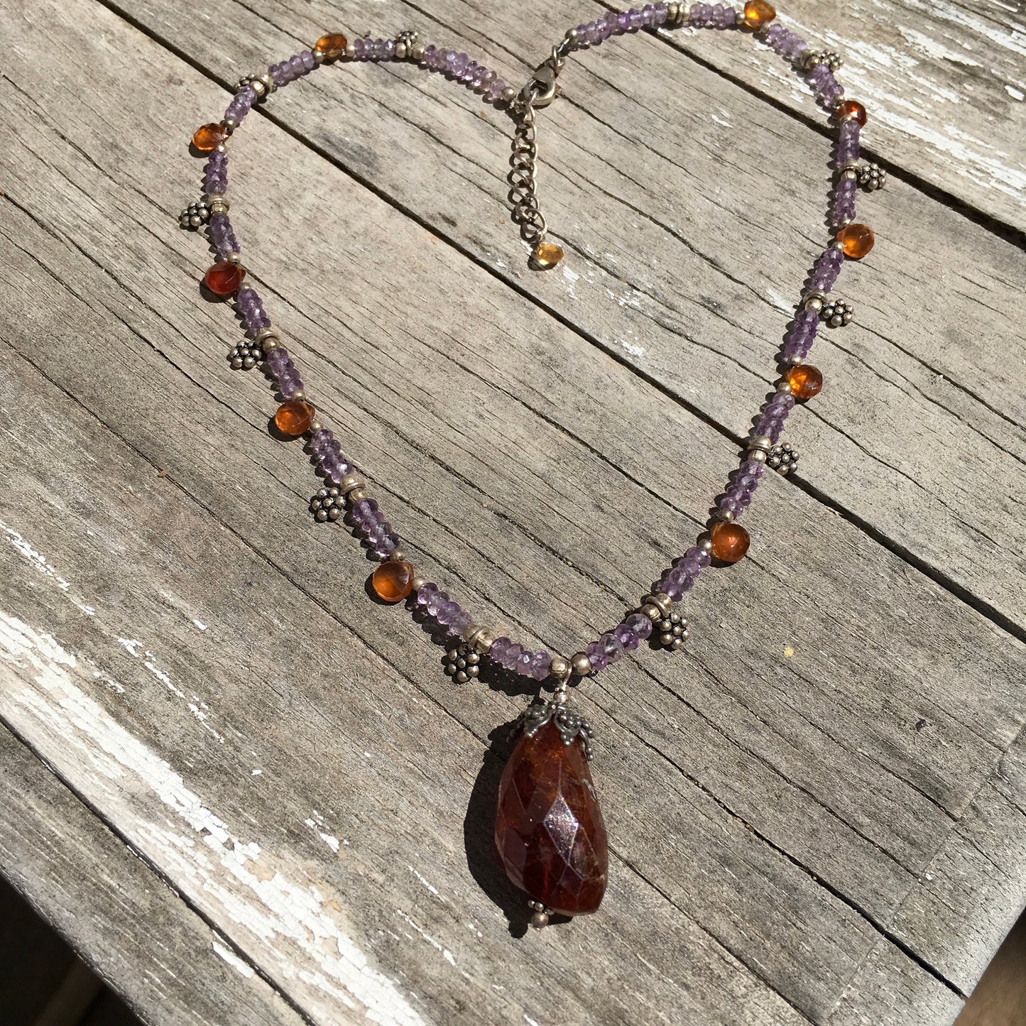 necklace "MidSummer Sunset" Hessonite pendant, Amethyst, Brown Garnet, Mid-Summer, Litha, Eclipse jewelry, Reiki charged, Gift idea