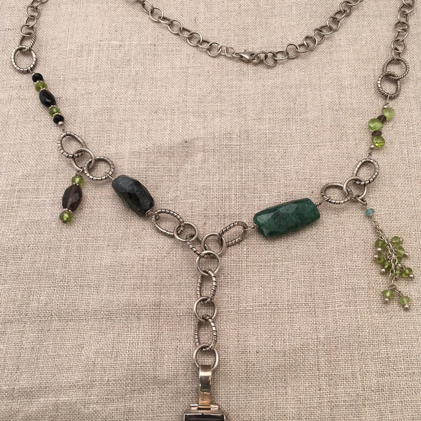 Necklace "Moonlit Forest" smokey quartz moonstone & tourmaline pendant, sterling chain, emerald, green tourmaline, peridot, Bohemian style