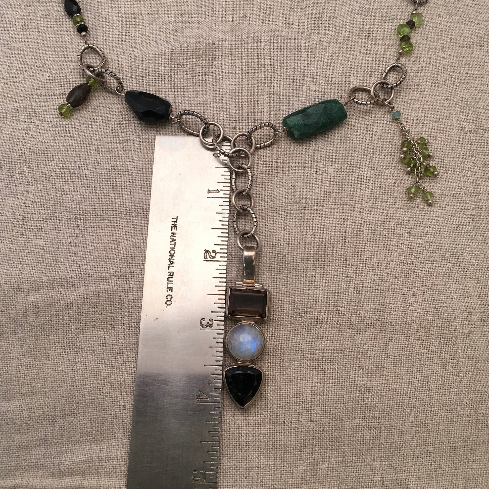 Necklace "Moonlit Forest" smokey quartz moonstone & tourmaline pendant, sterling chain, emerald, green tourmaline, peridot, Bohemian style