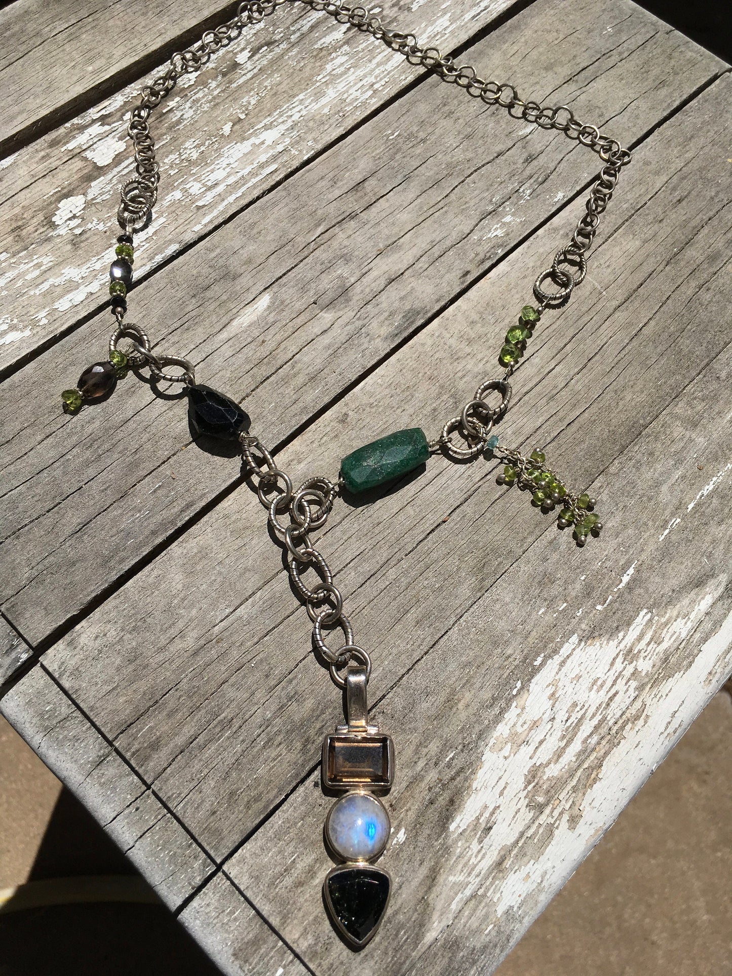 Necklace "Moonlit Forest" smokey quartz moonstone & tourmaline pendant, sterling chain, emerald, green tourmaline, peridot, Bohemian style