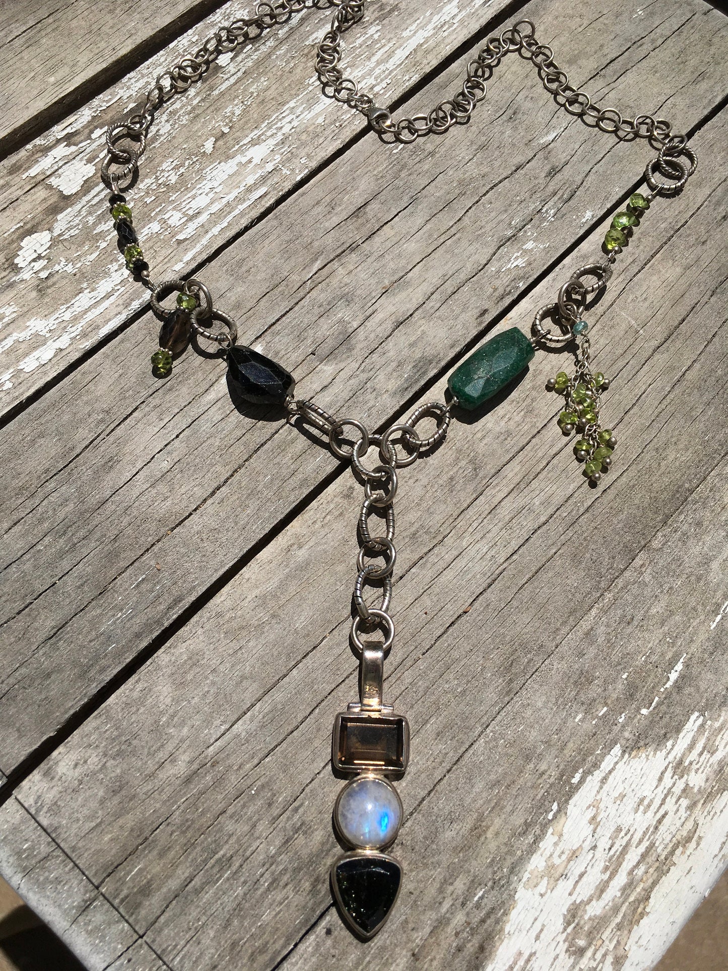 Necklace "Moonlit Forest" smokey quartz moonstone & tourmaline pendant, sterling chain, emerald, green tourmaline, peridot, Bohemian style