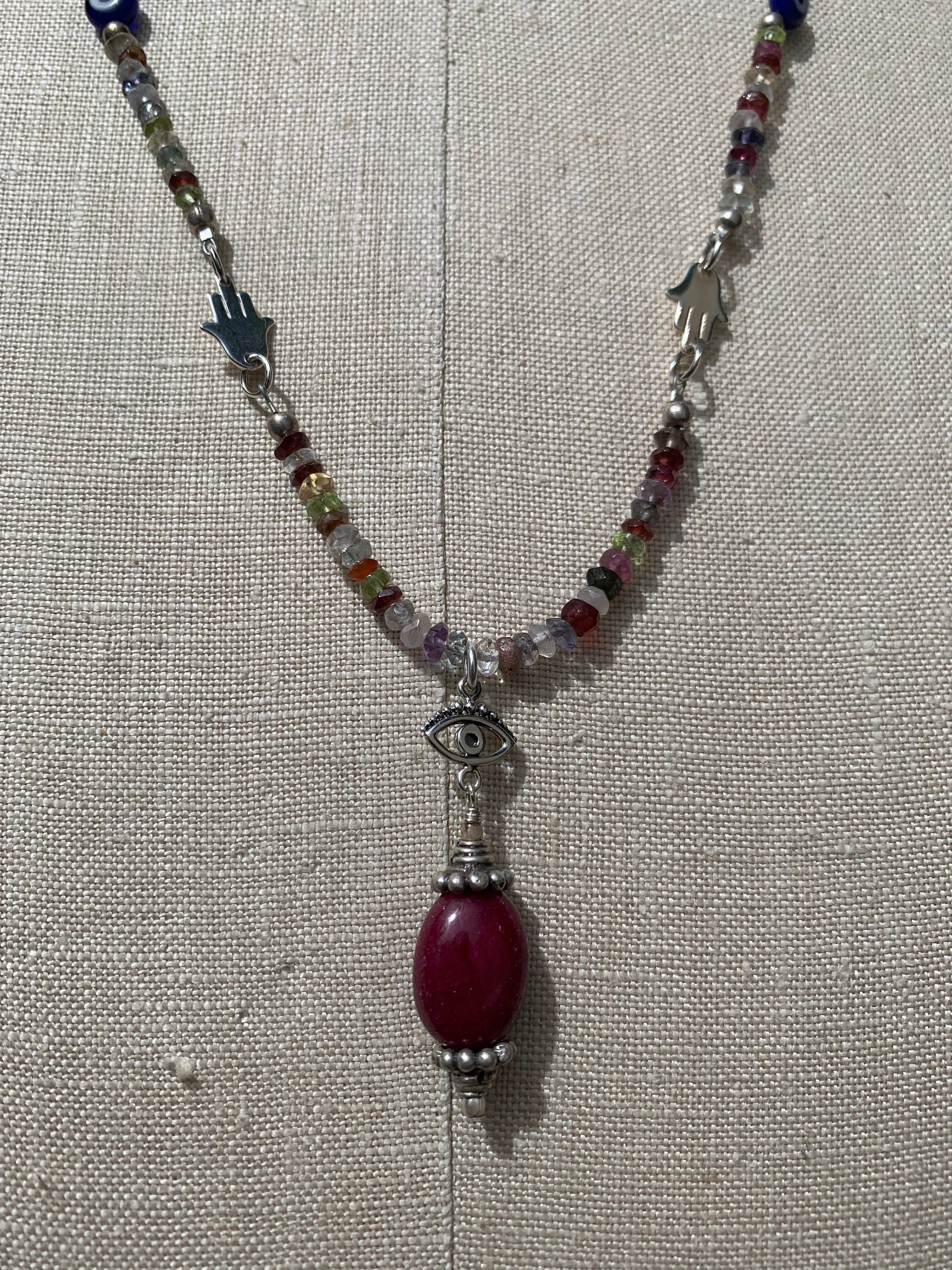 necklace "Bohemian Beauty" Ruby & Evil Eye pendant, Semi-Precious Stones, Hamsas, Evil Eye Beads, Boho Style, Good Luck Charm, Reiki charged