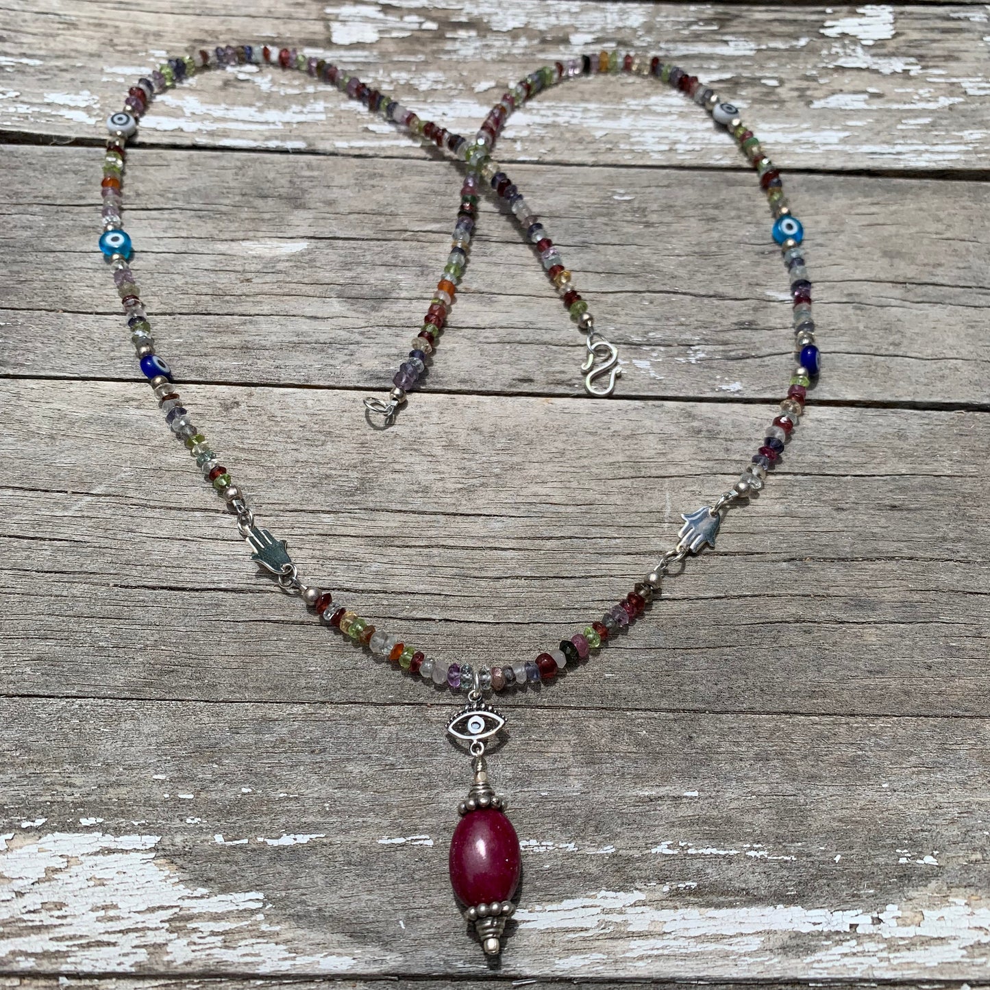 necklace "Bohemian Beauty" Ruby & Evil Eye pendant, Semi-Precious Stones, Hamsas, Evil Eye Beads, Boho Style, Good Luck Charm, Reiki charged