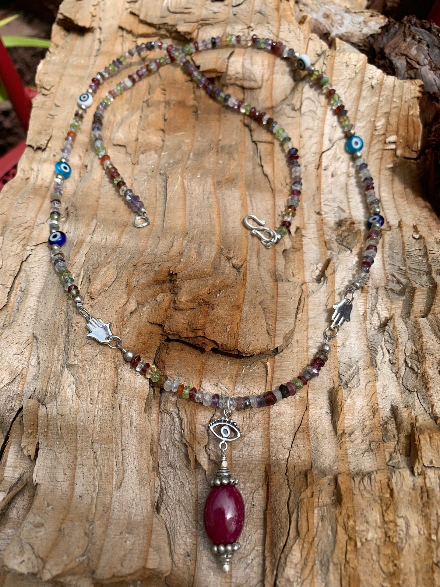 necklace "Bohemian Beauty" Ruby & Evil Eye pendant, Semi-Precious Stones, Hamsas, Evil Eye Beads, Boho Style, Good Luck Charm, Reiki charged