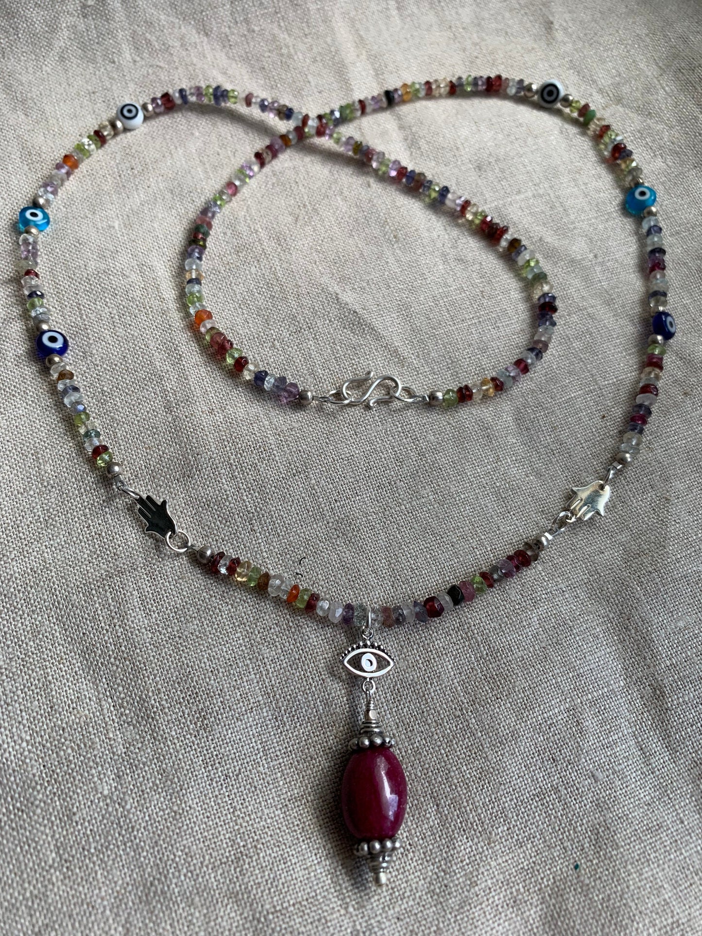 necklace "Bohemian Beauty" Ruby & Evil Eye pendant, Semi-Precious Stones, Hamsas, Evil Eye Beads, Boho Style, Good Luck Charm, Reiki charged