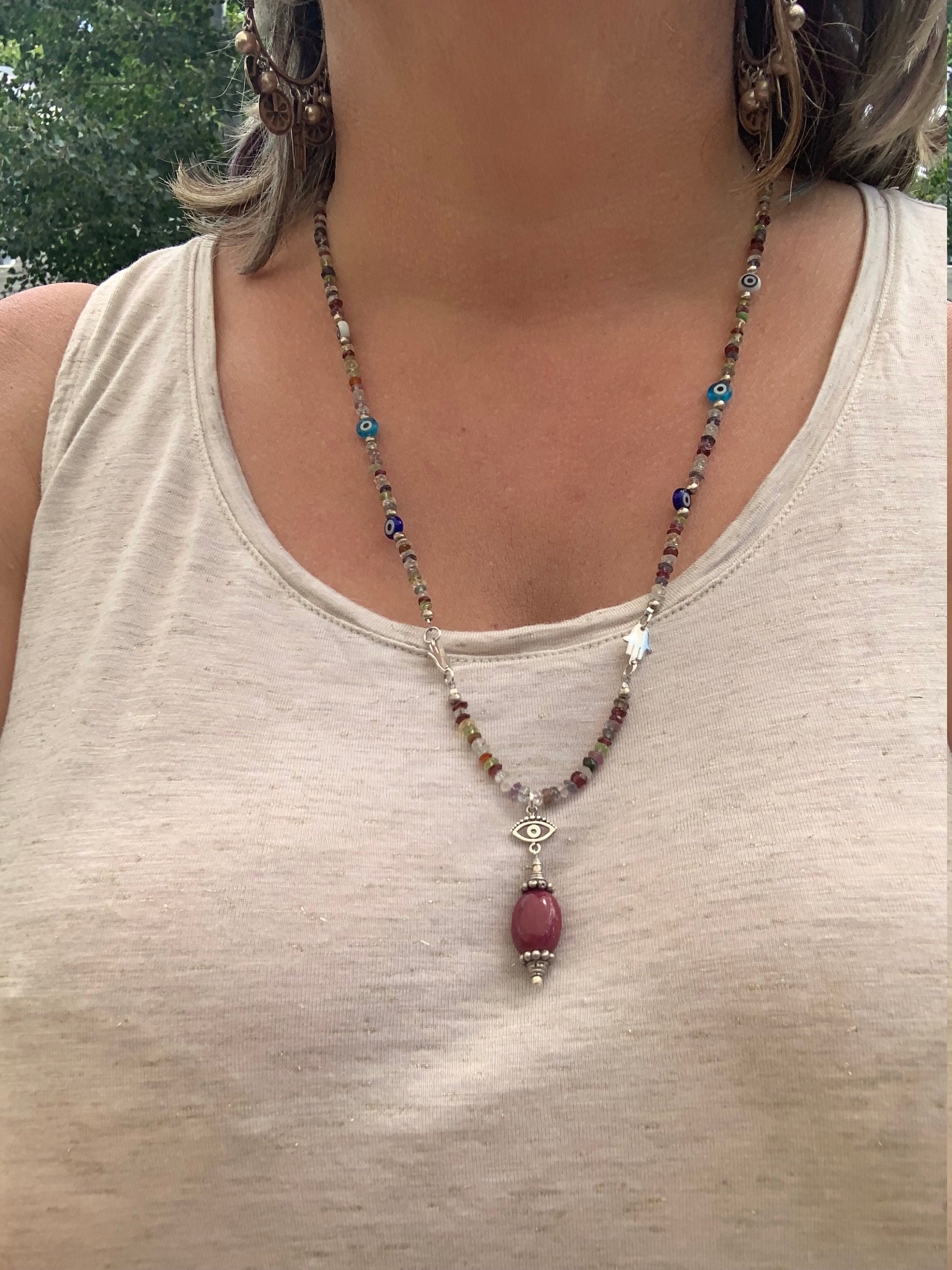 necklace "Bohemian Beauty" Ruby & Evil Eye pendant, Semi-Precious Stones, Hamsas, Evil Eye Beads, Boho Style, Good Luck Charm, Reiki charged