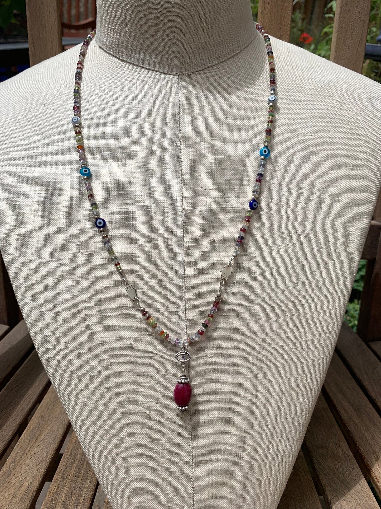 necklace "Bohemian Beauty" Ruby & Evil Eye pendant, Semi-Precious Stones, Hamsas, Evil Eye Beads, Boho Style, Good Luck Charm, Reiki charged