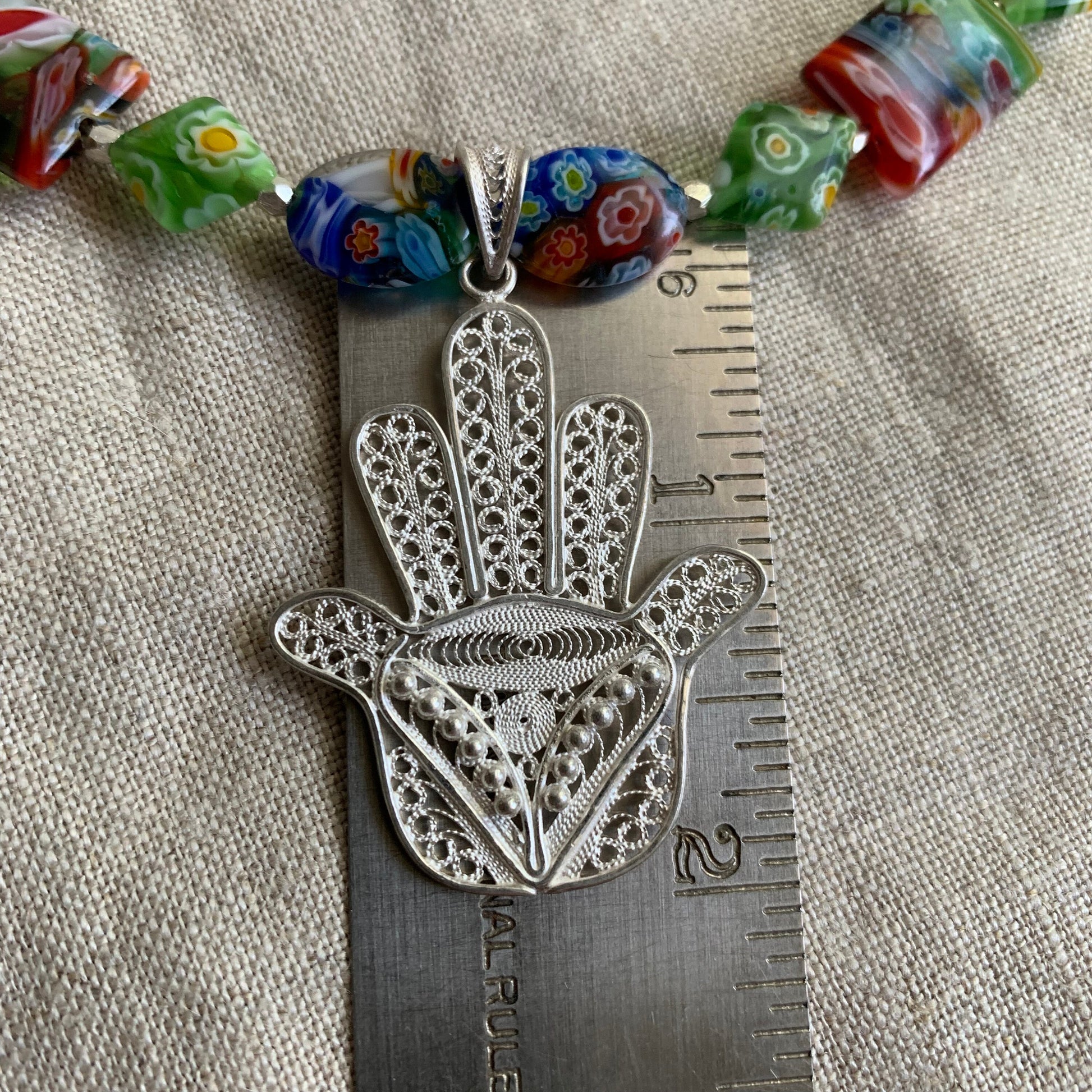 necklace "Heavenly Garland" Sterling Filigree Hamsa, Millefiori beads, Hill Tribe Silver beads, Good Luck Charm, Hand of God, Reiki charged