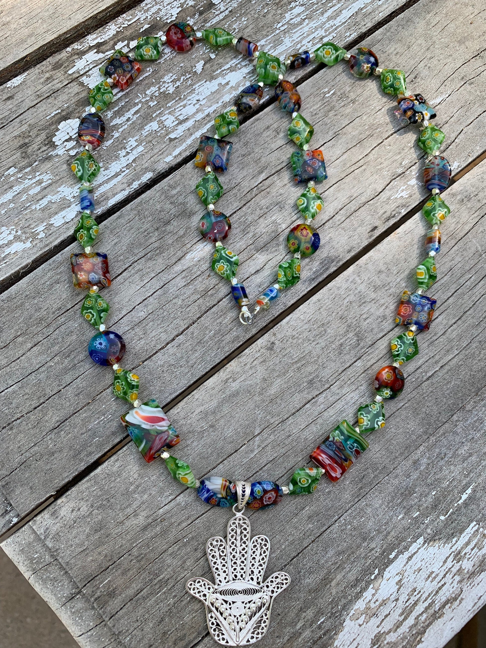 necklace "Heavenly Garland" Sterling Filigree Hamsa, Millefiori beads, Hill Tribe Silver beads, Good Luck Charm, Hand of God, Reiki charged