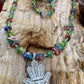 necklace "Heavenly Garland" Sterling Filigree Hamsa, Millefiori beads, Hill Tribe Silver beads, Good Luck Charm, Hand of God, Reiki charged