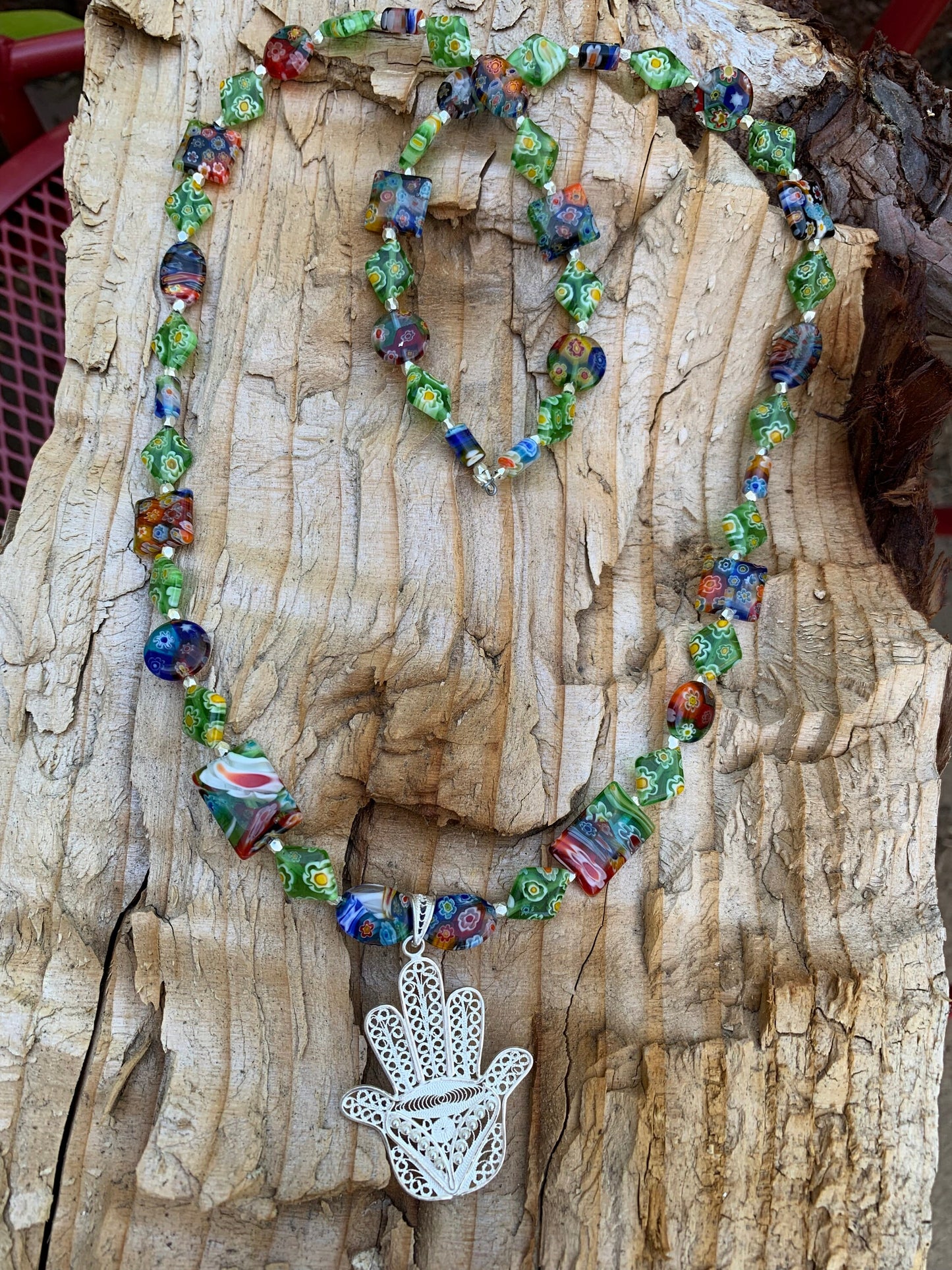 necklace "Heavenly Garland" Sterling Filigree Hamsa, Millefiori beads, Hill Tribe Silver beads, Good Luck Charm, Hand of God, Reiki charged