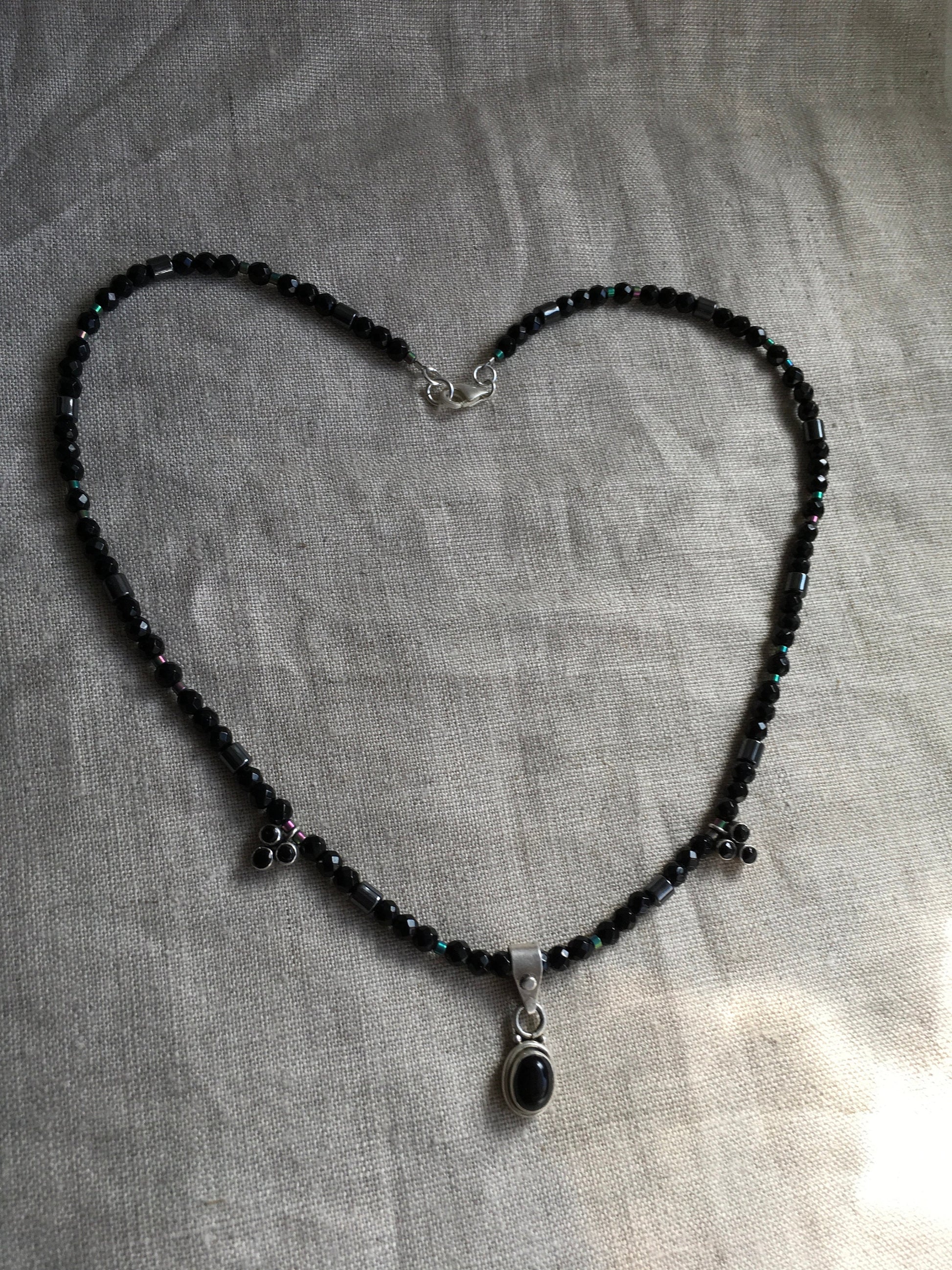 necklace "Black Hole" 3 Onyx Pendants, Onyx beads, Hematite, Rainbow Hematite, Celestial series, Gender Neutral, Gift idea, Reiki charged