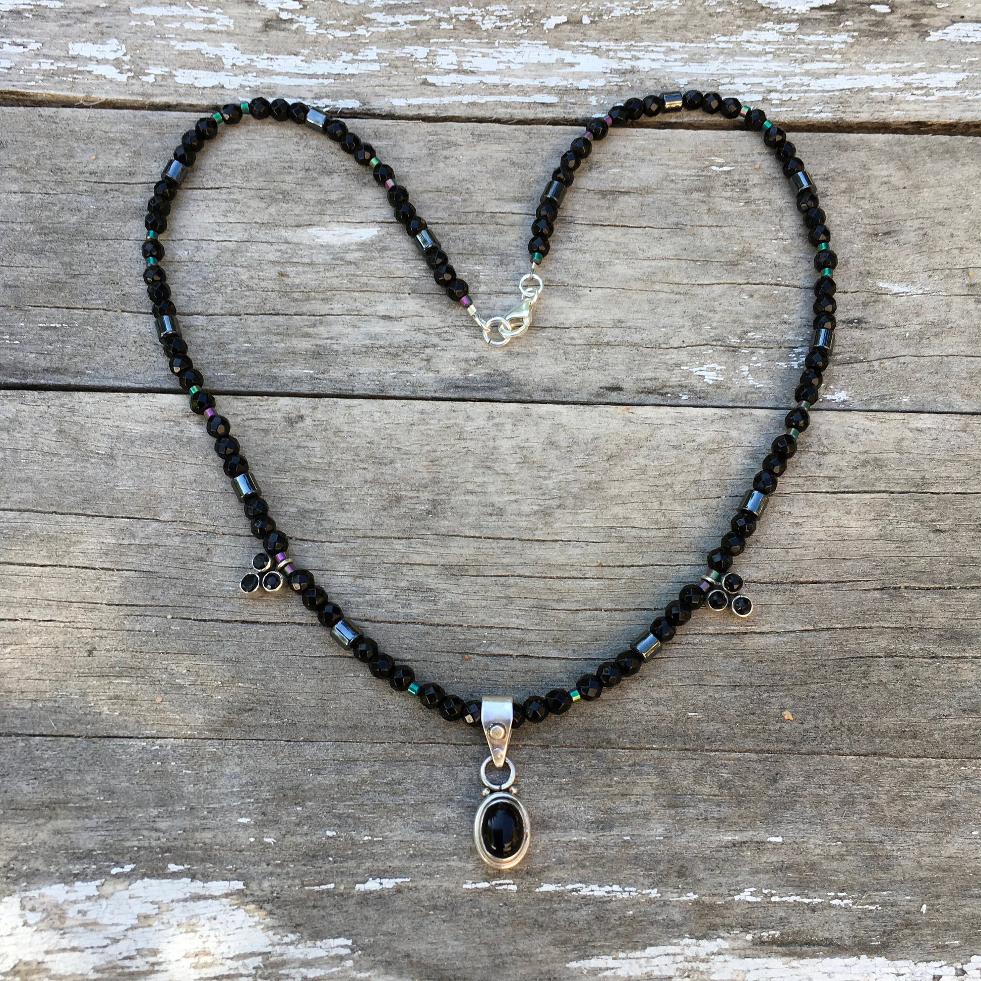 necklace "Black Hole" 3 Onyx Pendants, Onyx beads, Hematite, Rainbow Hematite, Celestial series, Gender Neutral, Gift idea, Reiki charged