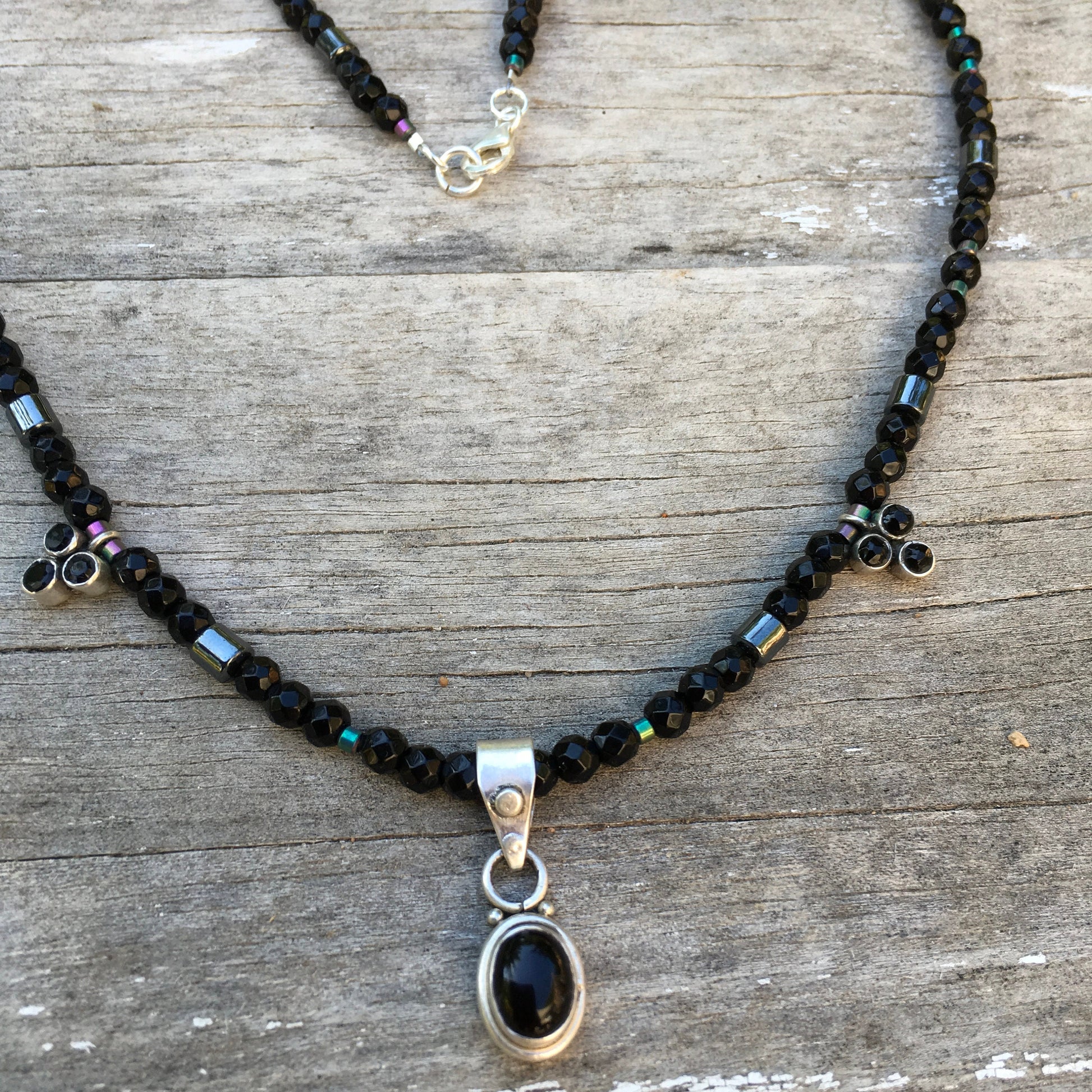 necklace "Black Hole" 3 Onyx Pendants, Onyx beads, Hematite, Rainbow Hematite, Celestial series, Gender Neutral, Gift idea, Reiki charged