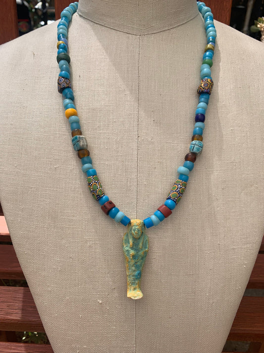 necklace "Asir" Faience Pharaoh Mummy, Faience Scarabs, African trade beads, Krobo beads, African Glass beads, Osiris, Egyptian Tourist bead