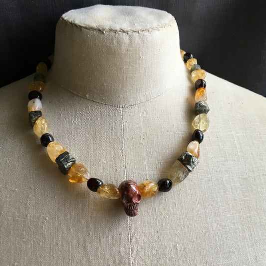 necklace "The Harvest" Red Jasper Skull, Citrine, Garnet, Pyrite, Gender Neutral jewelry, Lord Hades, Underworld jewelry, All Things Creepy