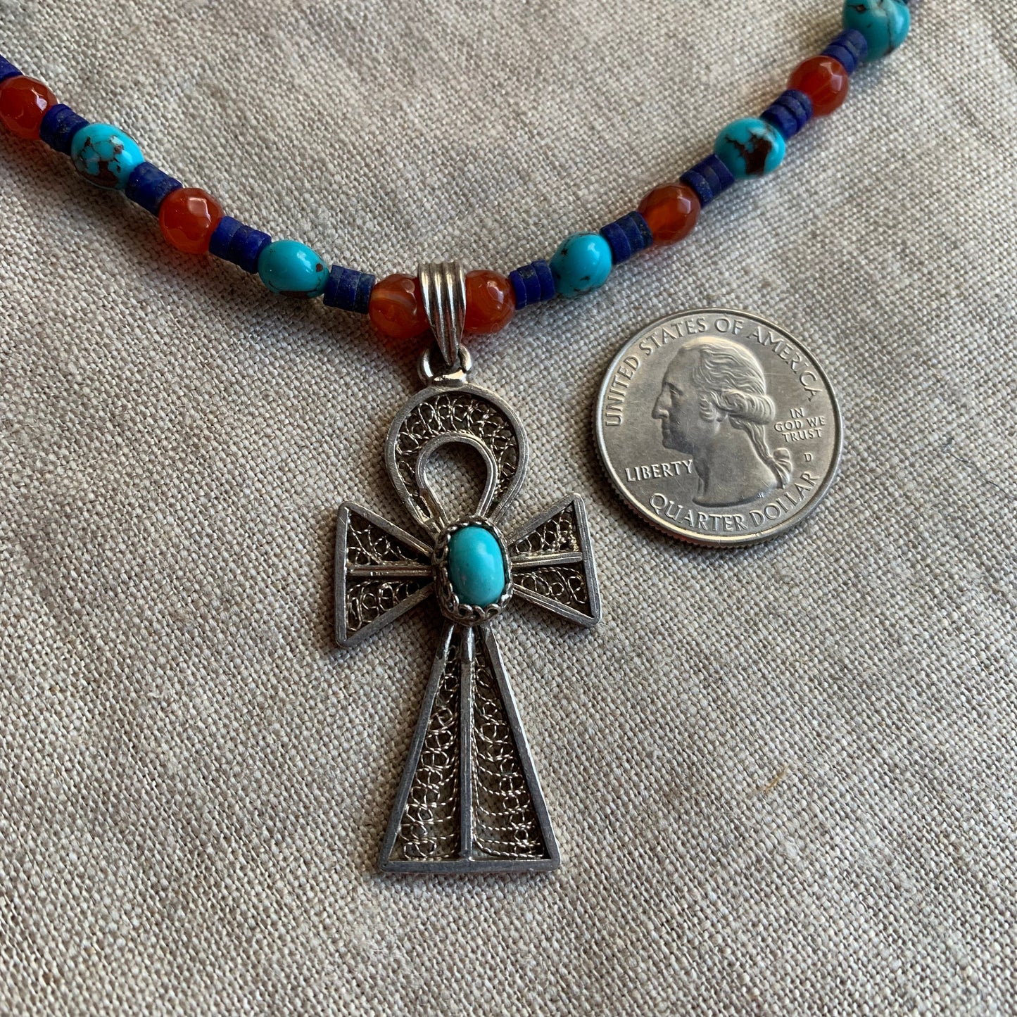 necklace "Life Renewed" Vintage Silver Ankh, Egyptian Turquoise, Afghan Lapis, Carnelian, Egyptian style, Bohemian jewelry, Gender Neutral