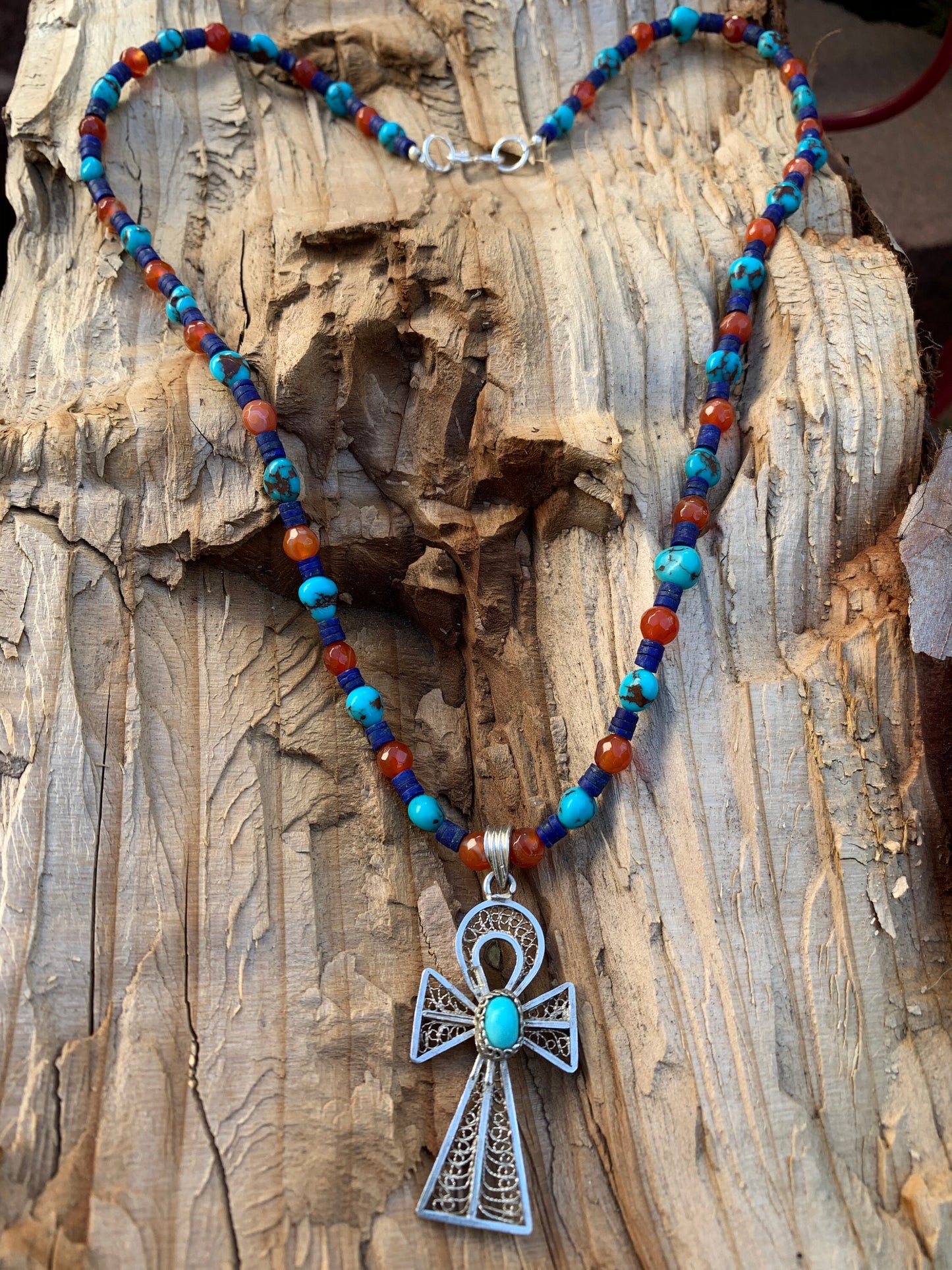 necklace "Life Renewed" Vintage Silver Ankh, Egyptian Turquoise, Afghan Lapis, Carnelian, Egyptian style, Bohemian jewelry, Gender Neutral