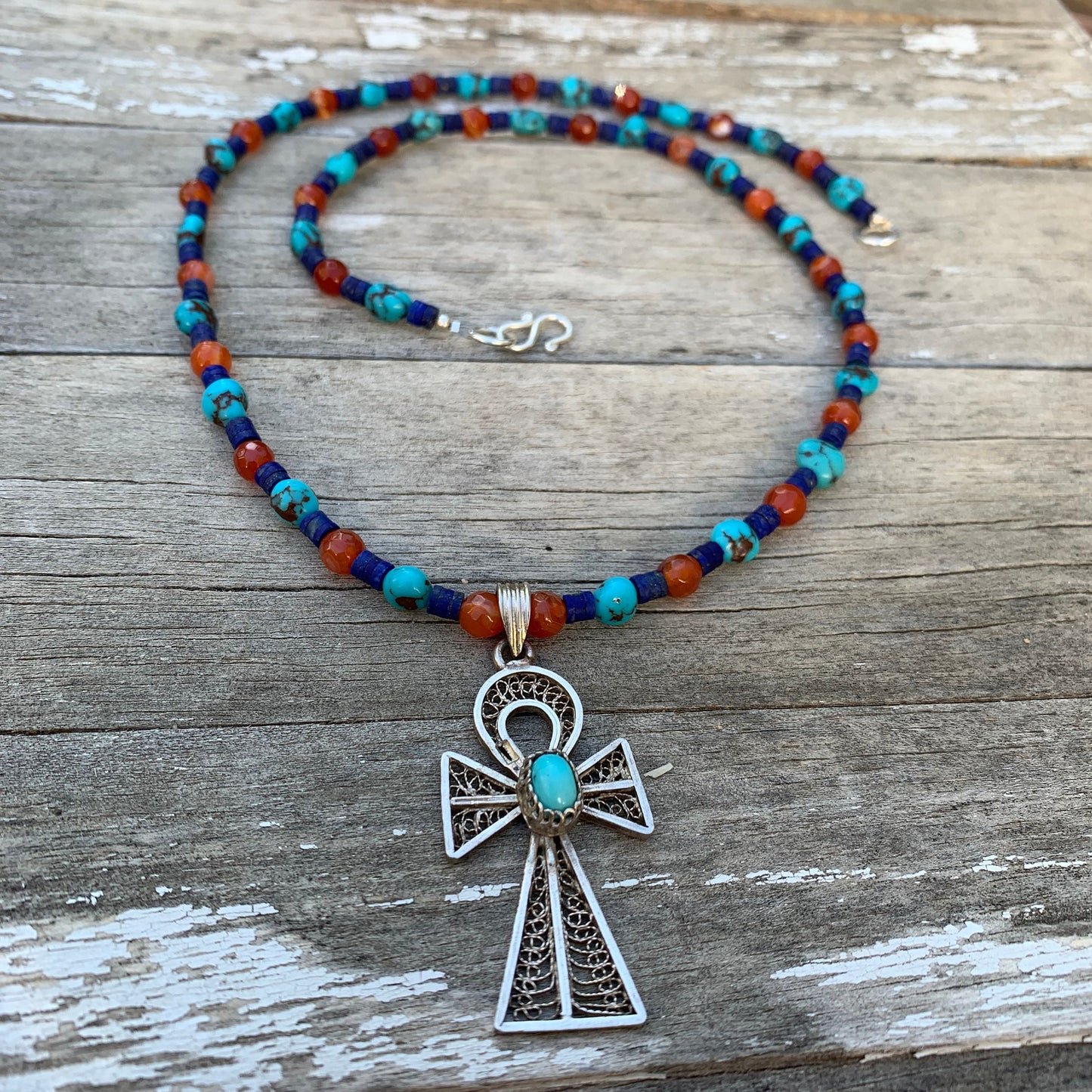 necklace "Life Renewed" Vintage Silver Ankh, Egyptian Turquoise, Afghan Lapis, Carnelian, Egyptian style, Bohemian jewelry, Gender Neutral