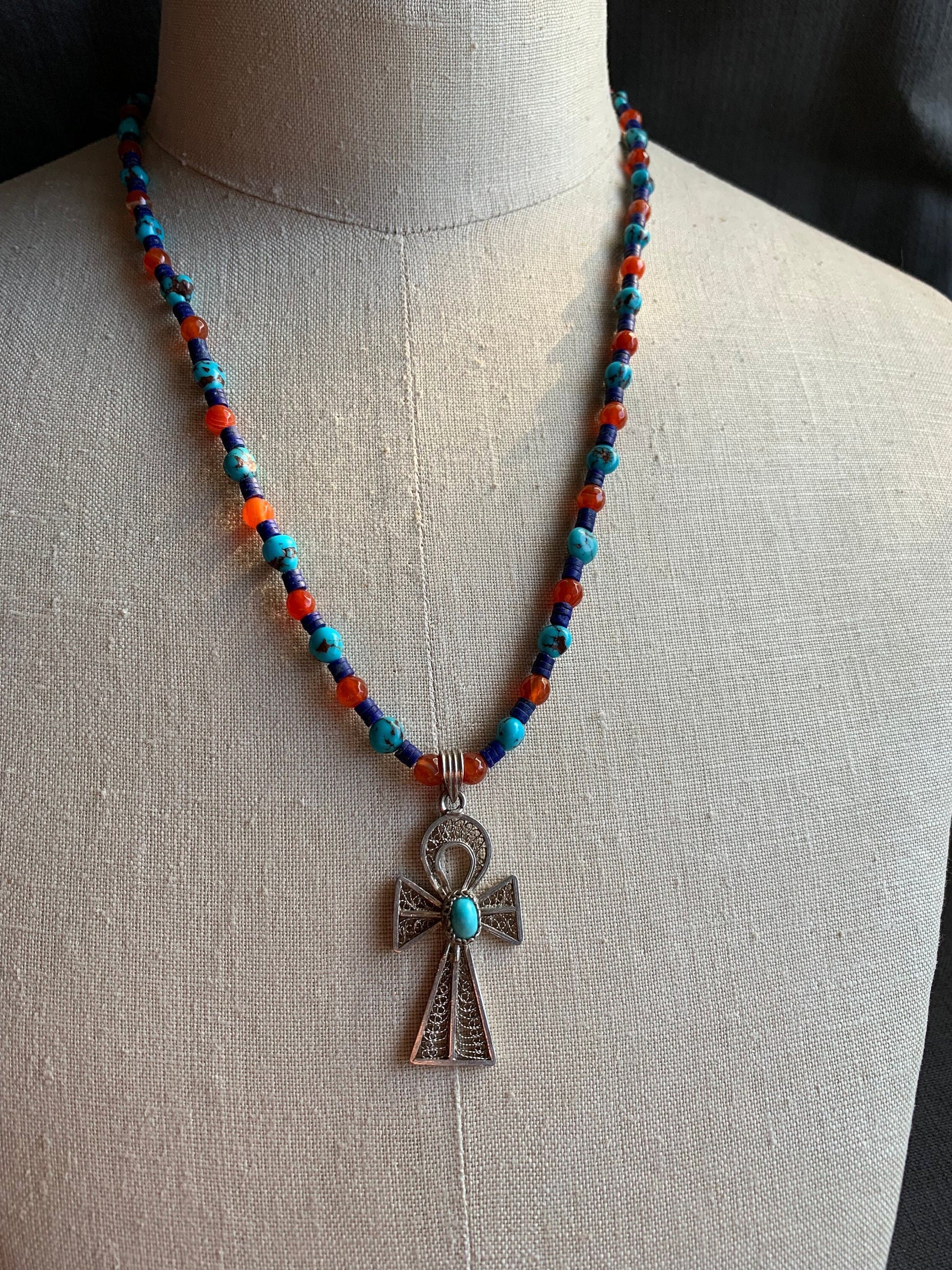 necklace "Life Renewed" Vintage Silver Ankh, Egyptian Turquoise, Afghan Lapis, Carnelian, Egyptian style, Bohemian jewelry, Gender Neutral