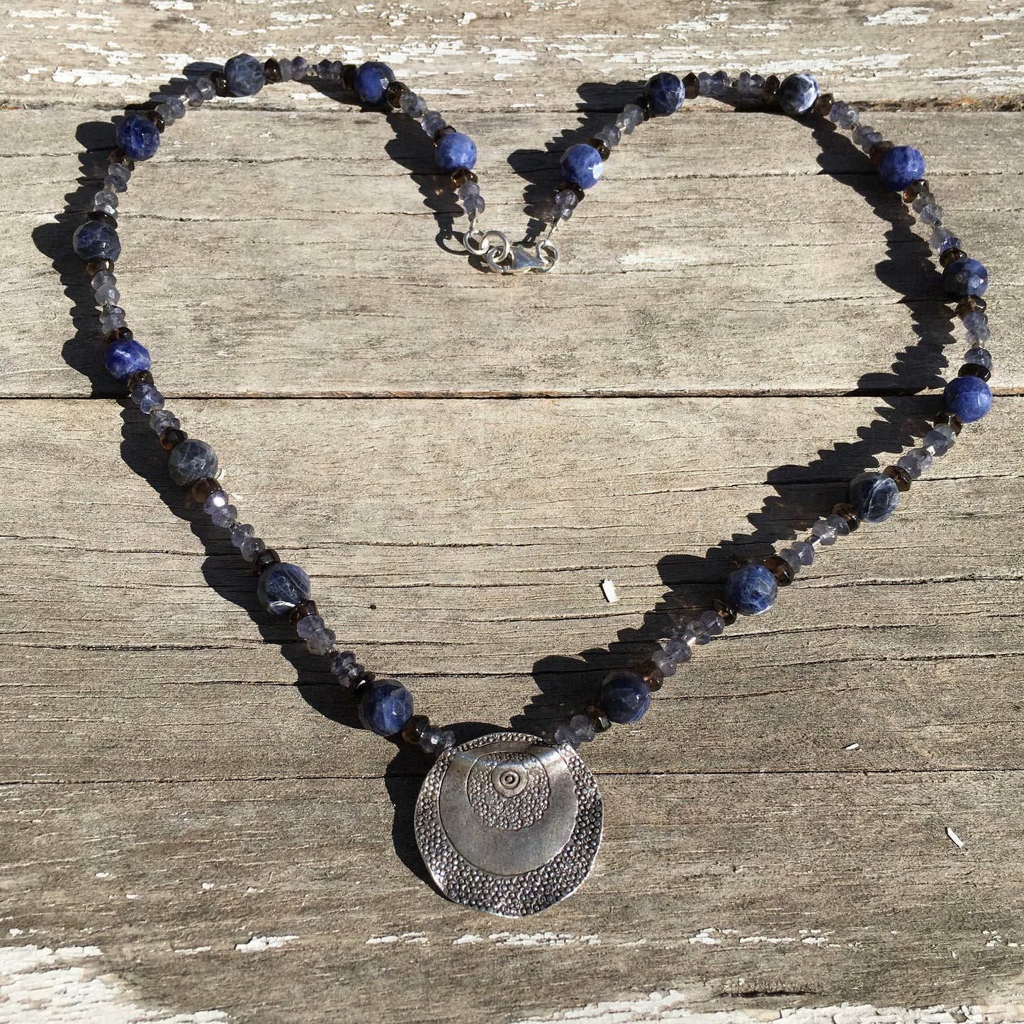 necklace "Infinite Space" Hill Tribe Silver pendant, Iolite, Sodalite, Smokey Quartz, Celestial jewelry, Gender Neutral, Reiki charged