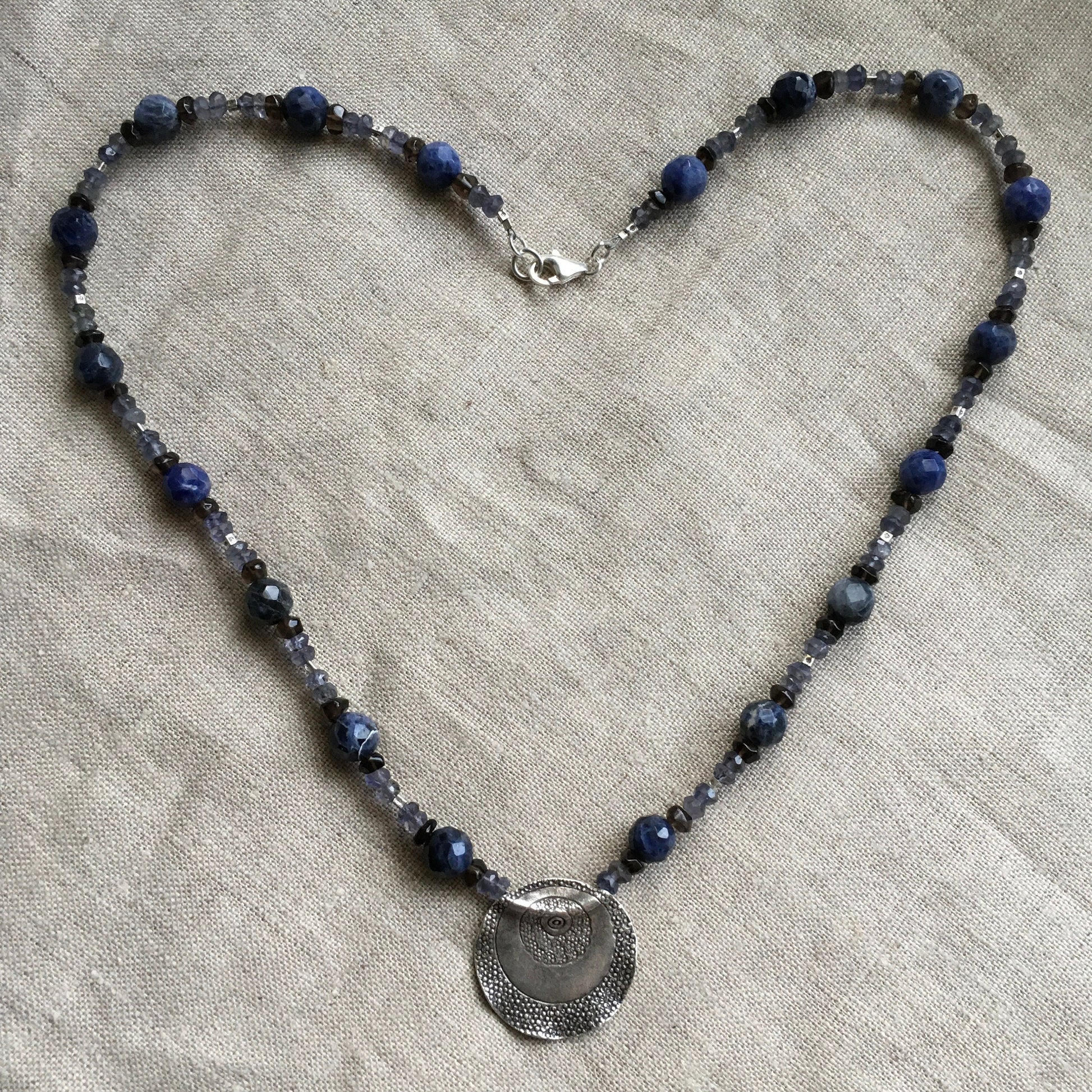 necklace "Infinite Space" Hill Tribe Silver pendant, Iolite, Sodalite, Smokey Quartz, Celestial jewelry, Gender Neutral, Reiki charged