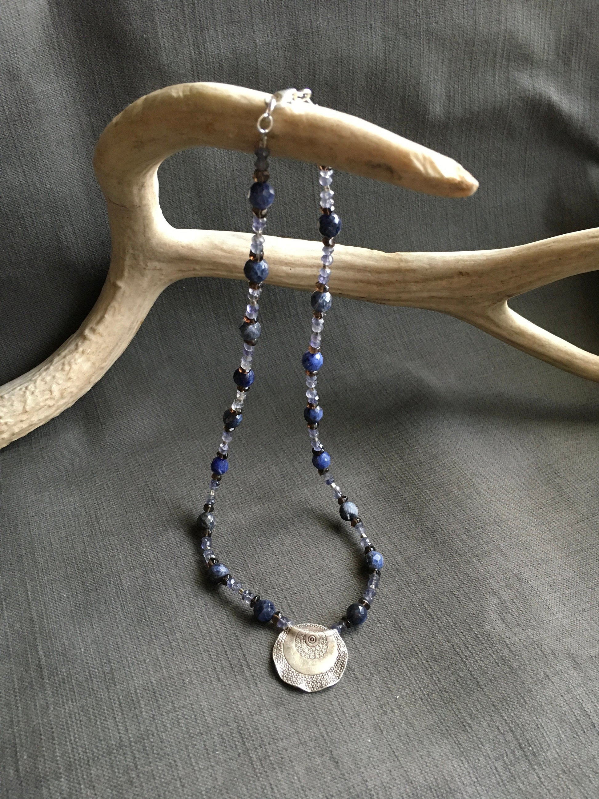 necklace "Infinite Space" Hill Tribe Silver pendant, Iolite, Sodalite, Smokey Quartz, Celestial jewelry, Gender Neutral, Reiki charged