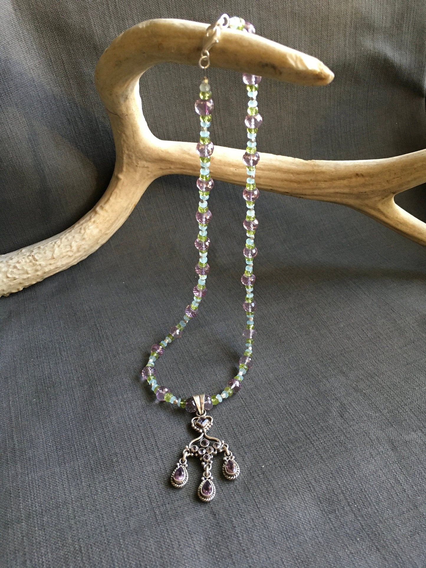 necklace "Frozen Peacock" Amethyst Chandelier pendant, Aquamarine, Peridot, Amethyst, Hill Tribe Silver, Formal jewelry, Gift idea, Wedding