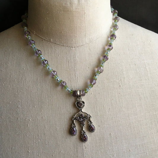 necklace "Frozen Peacock" Amethyst Chandelier pendant, Aquamarine, Peridot, Amethyst, Hill Tribe Silver, Formal jewelry, Gift idea, Wedding