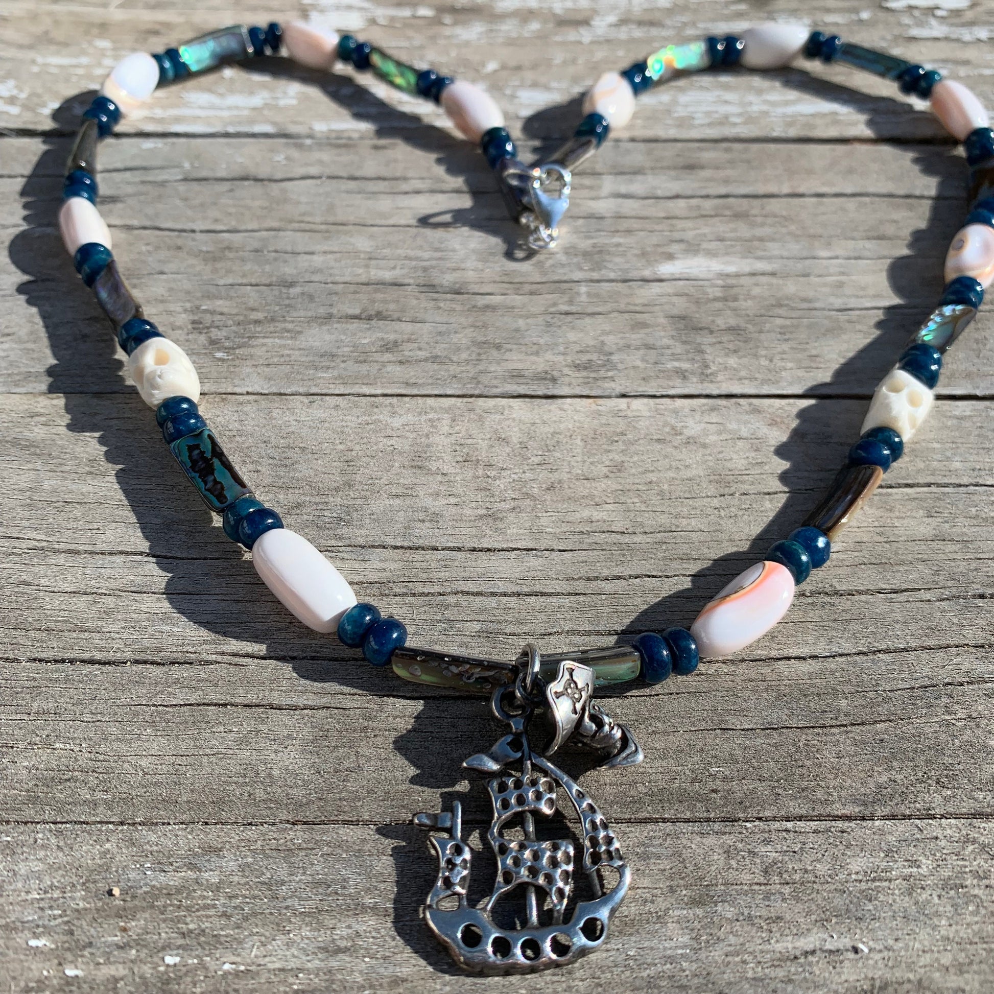 necklace "Tortuga" Sterling Ship pendant, Pirate Charm, Neon Apatite, Abalone, Shells, Pirate jewelry, Caribbean necklace, Gender Neutral